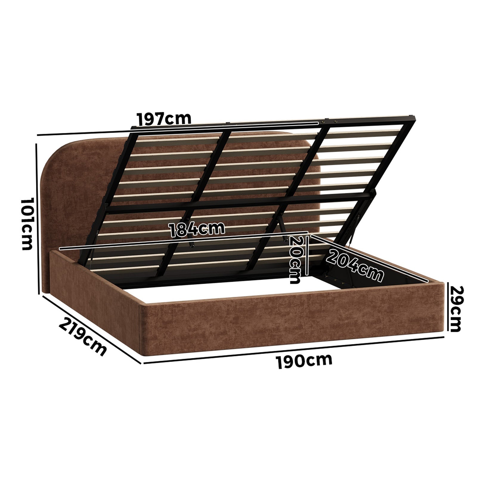 Oikiture Bed Frame King Size Gas Lift Storage Base Rounded Corner Velvet Brown