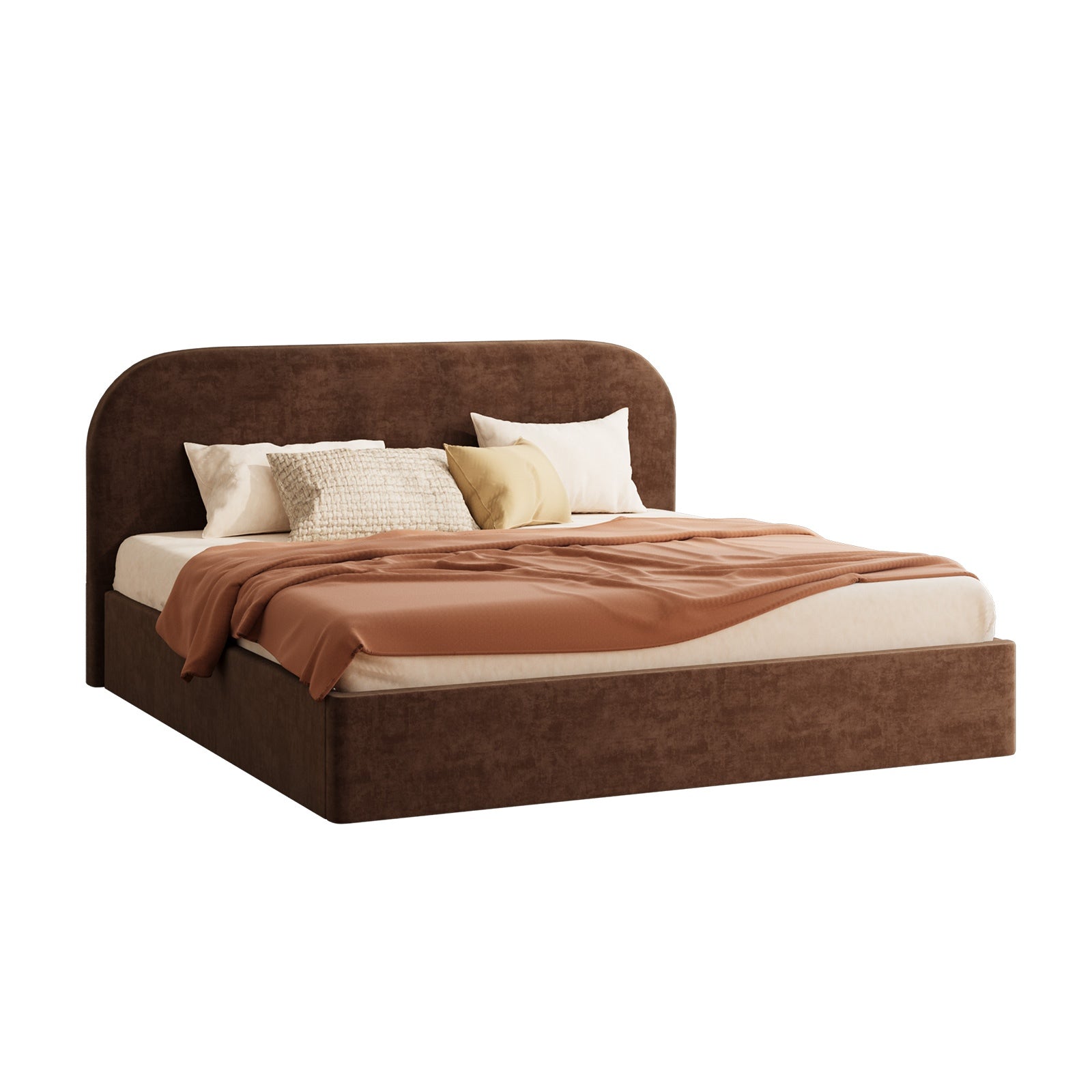 Oikiture Bed Frame King Size Gas Lift Storage Base Rounded Corner Velvet Brown