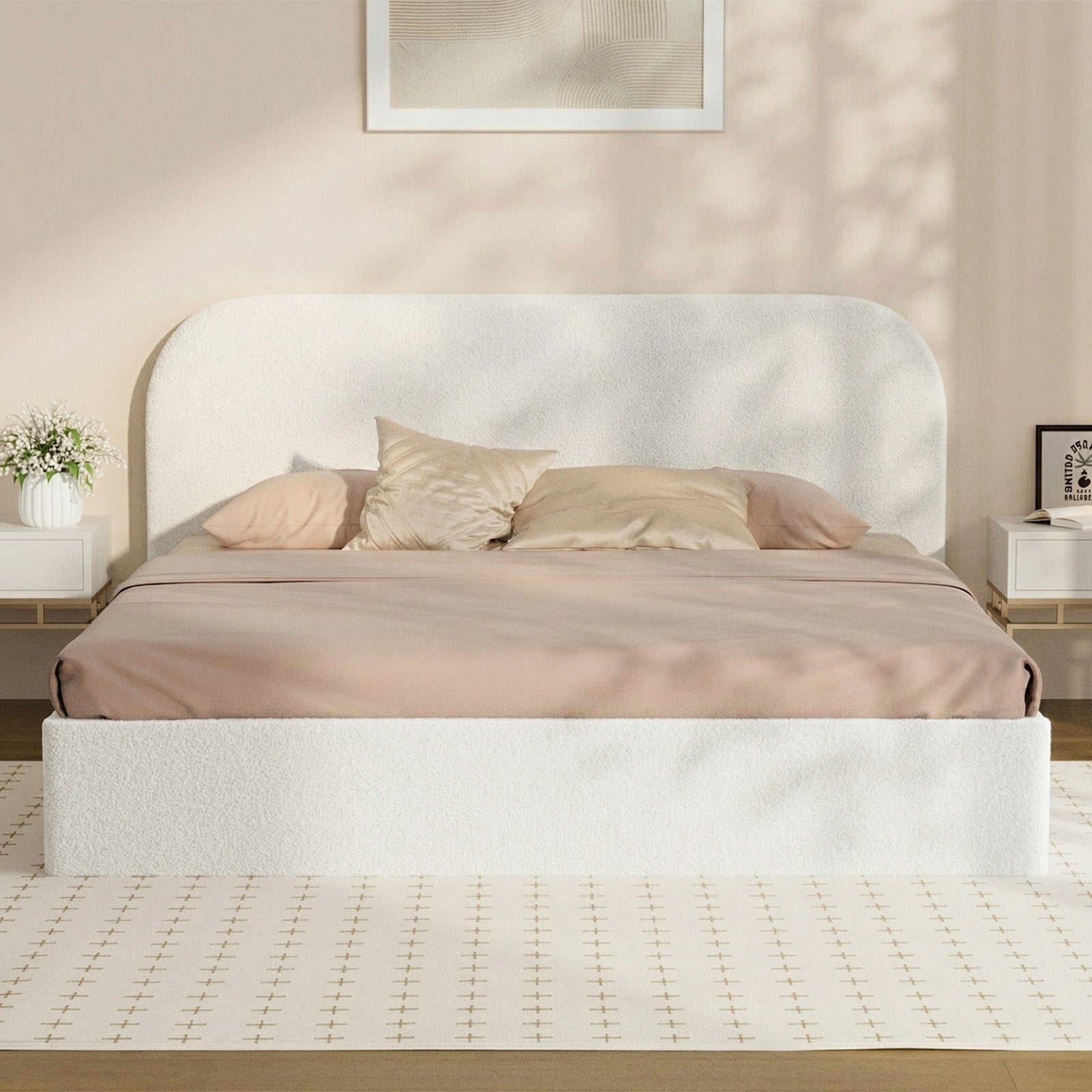 Oikiture Bed Frame King Size Gas Lift Base with Storage Boucle Rounded Corner - Sunyee