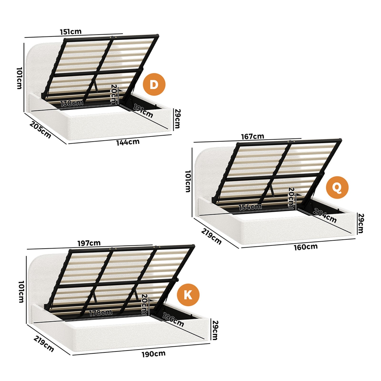 Oikiture Bed Frame Queen Double King Gas Lift Base with Storage Rounded Corner