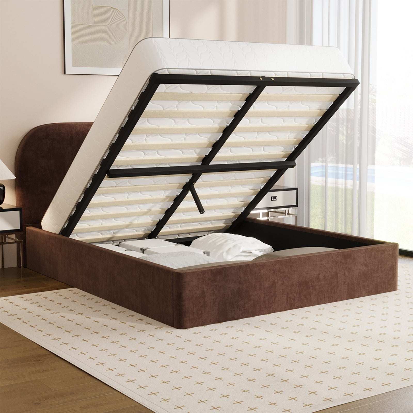 Oikiture Bed Frame Queen Size Gas Lift Storage Base Rounded Corner Velvet Brown