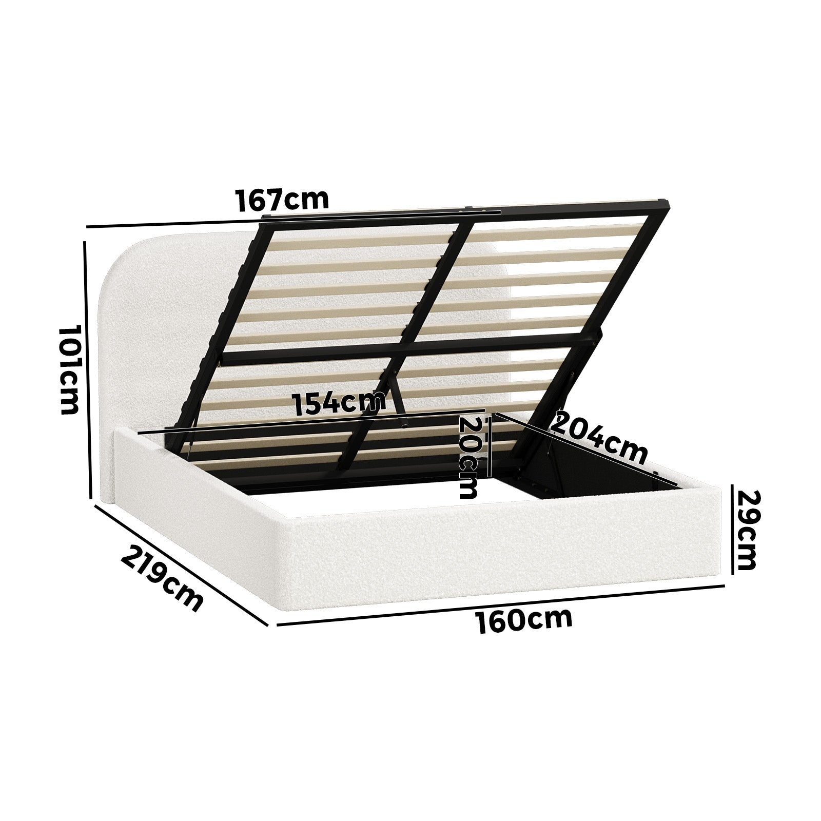 Oikiture Bed Frame Queen Size Gas Lift Base with Storage Boucle Rounded Corner - Sunyee
