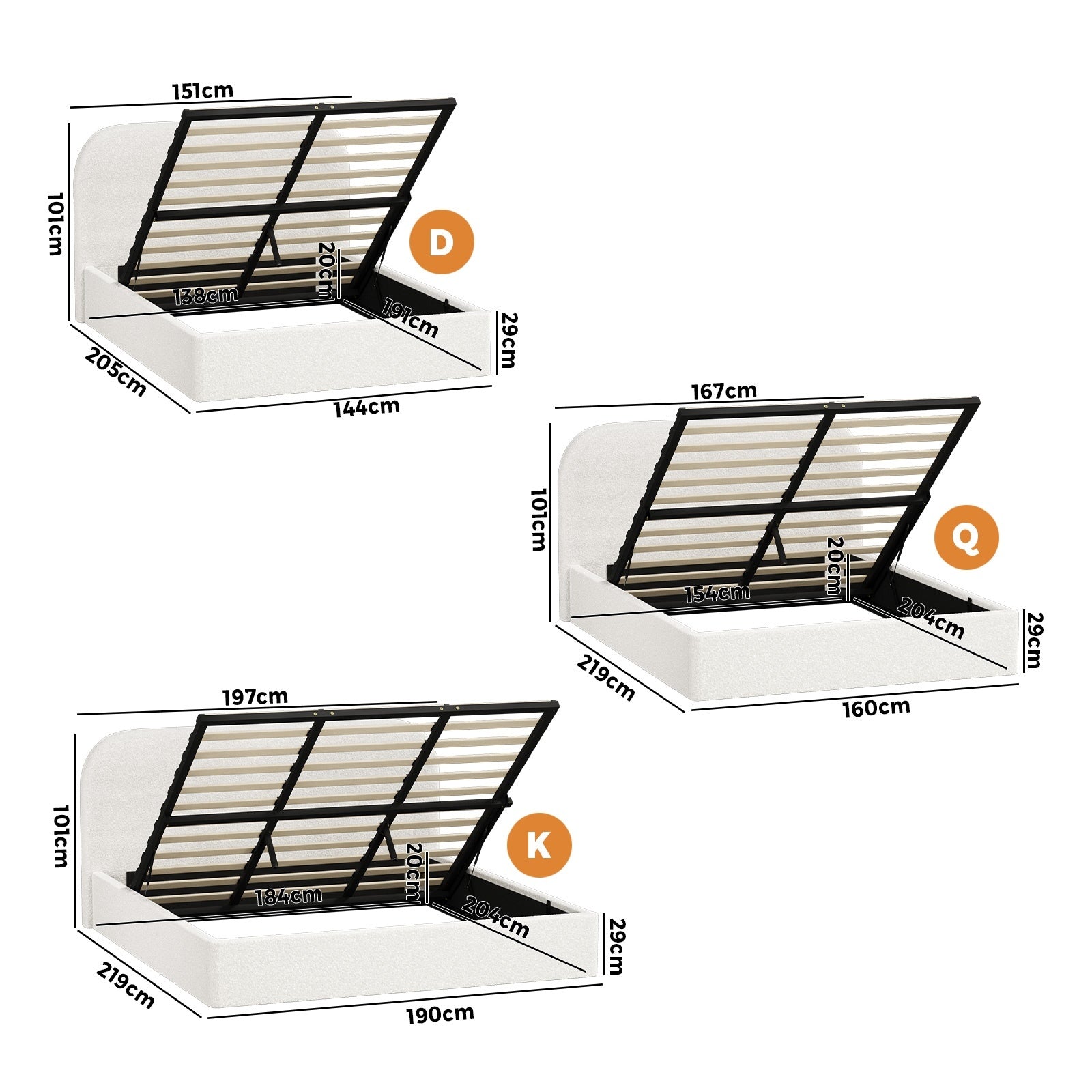 Oikiture Bed Frame Queen Double King Single Gas Lift Base with Storage Boucle