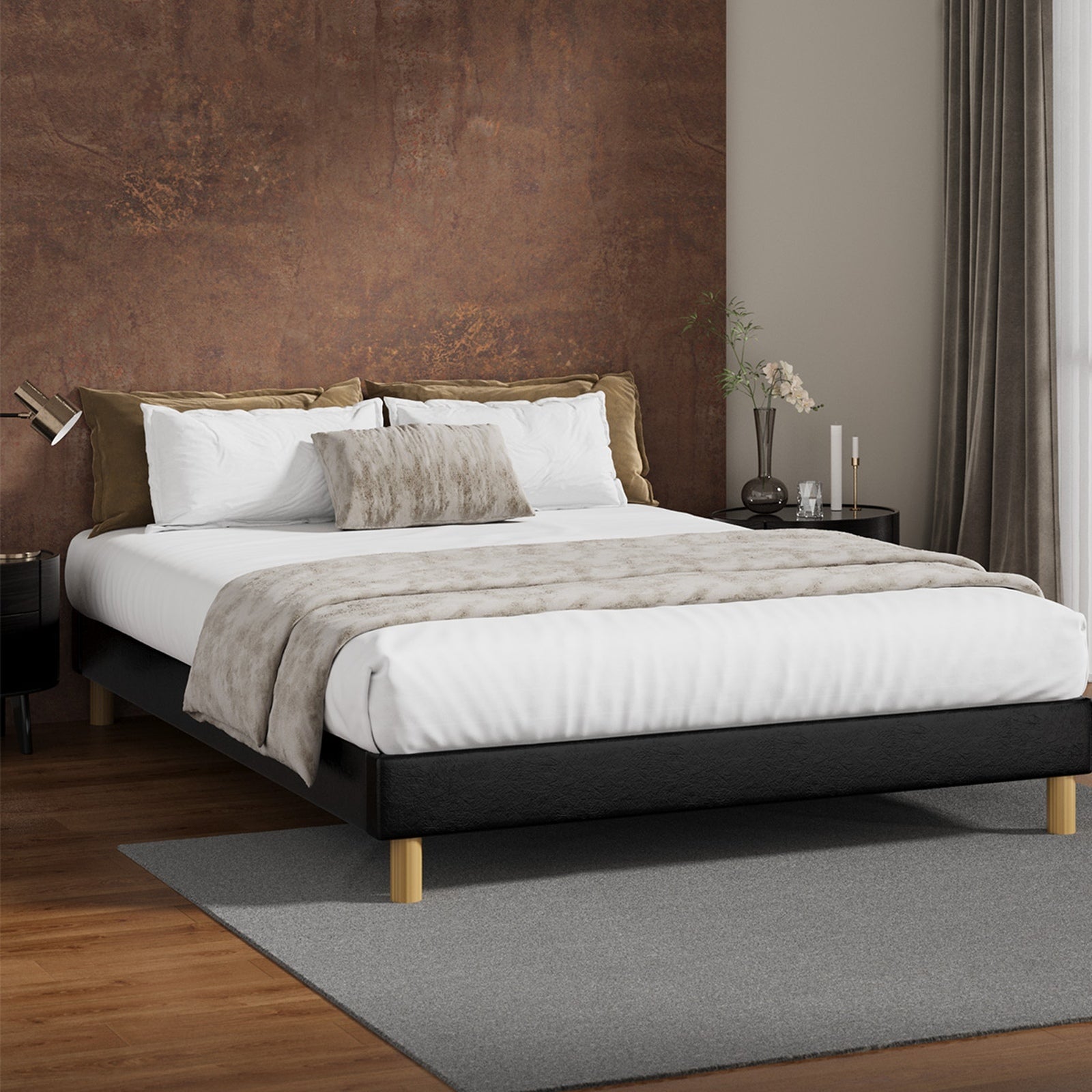 Oikiture Bed Frame Queen Double King Single Full Size Bed Base Black Leather - Sunyee
