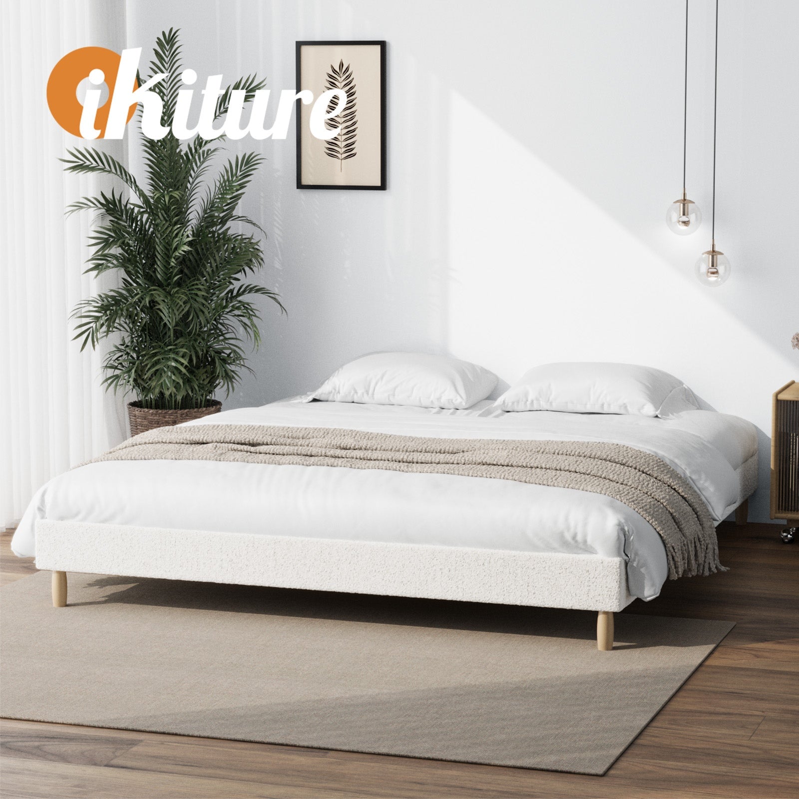 Oikiture Bed Frame King Size Bed Base White Boucle - Sunyee