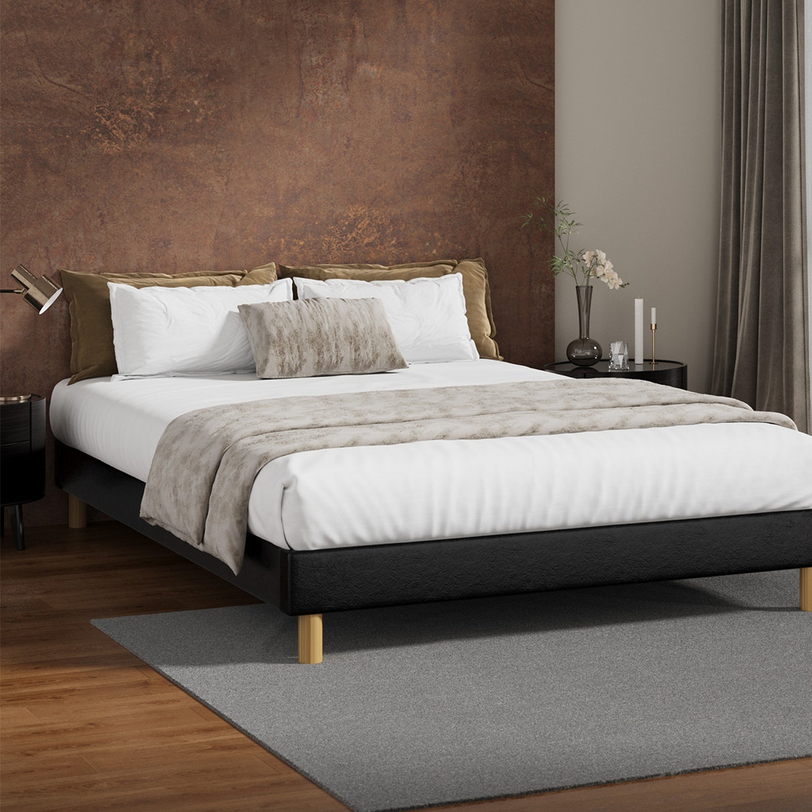 Oikiture Bed Frame Queen Double King Single Full Size Bed Base Black Leather - Sunyee