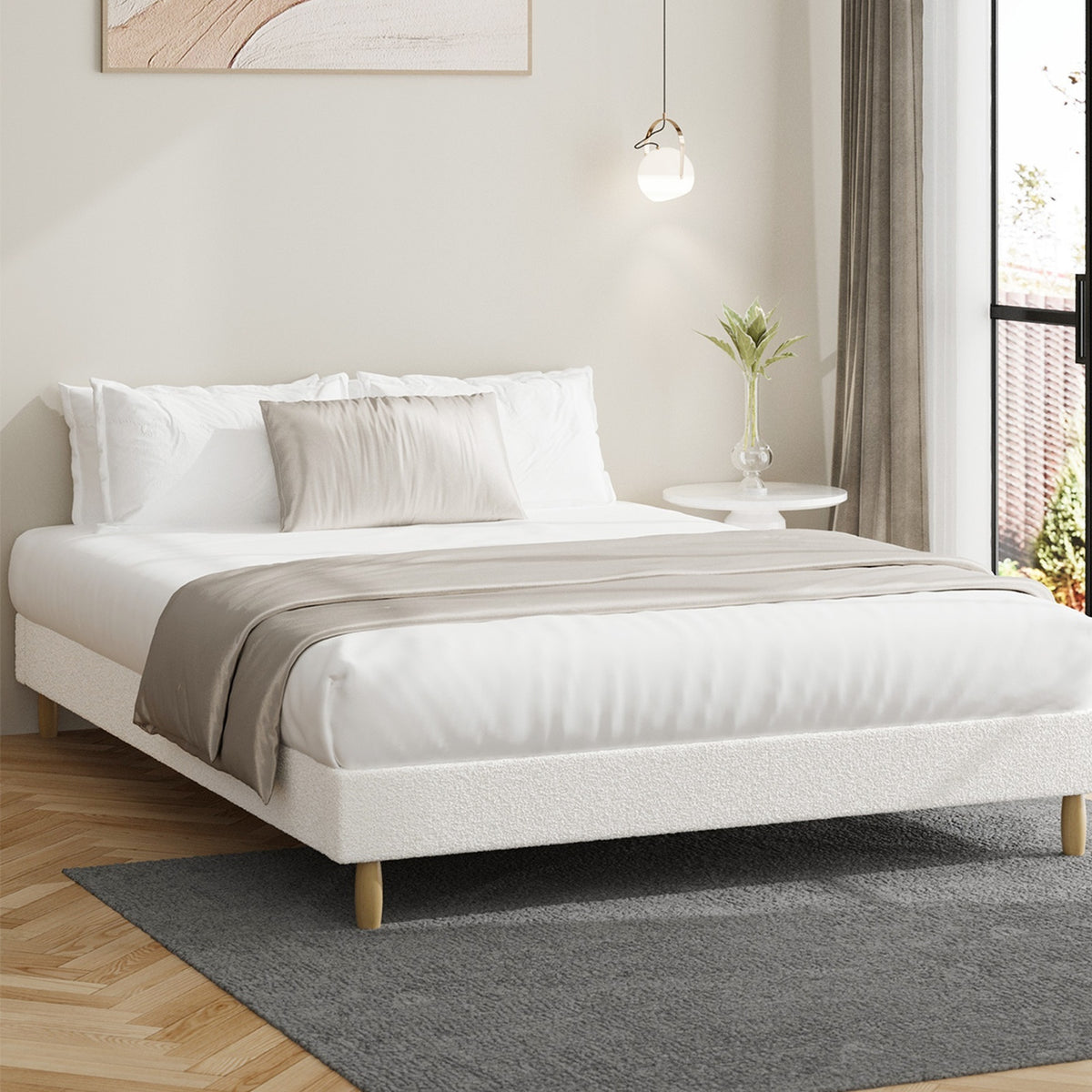 Oikiture Bed Frame Queen Size Bed Base White Boucle - Sunyee