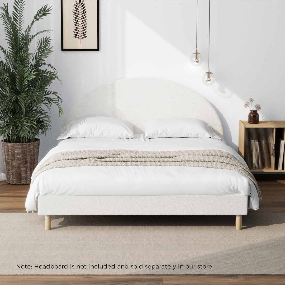 Oikiture Bed Frame Queen Size Bed Base White Boucle - Sunyee