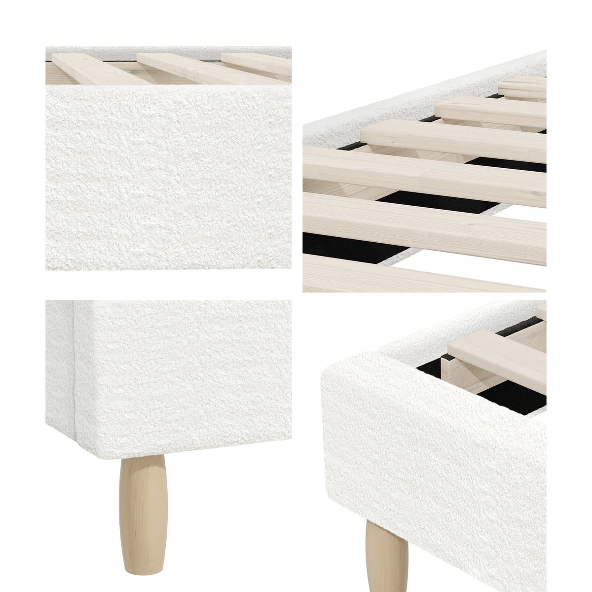 Oikiture Bed Frame Queen Size Bed Base White Boucle - Sunyee