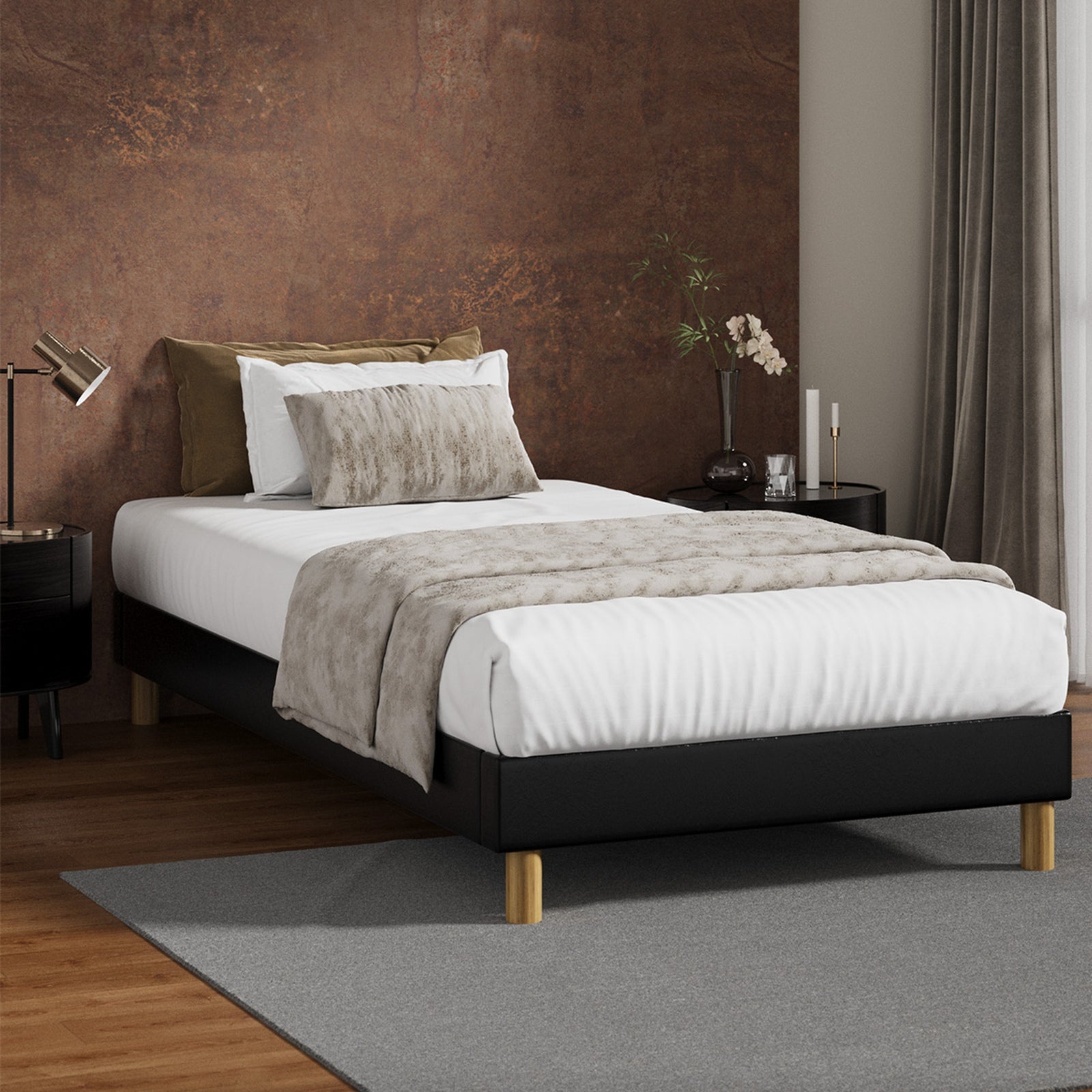 Oikiture Bed Frame Queen Double King Single Full Size Bed Base Black Leather - Sunyee