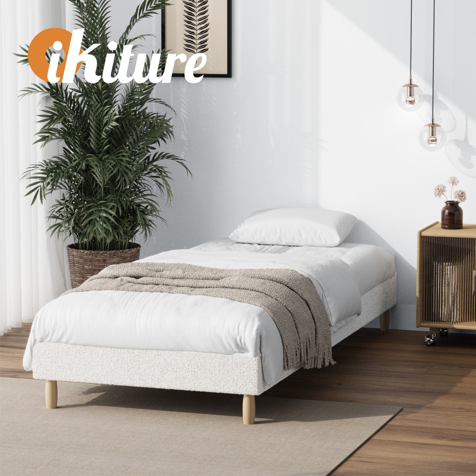 Oikiture Bed Frame Single Size Bed Base White Boucle - Sunyee