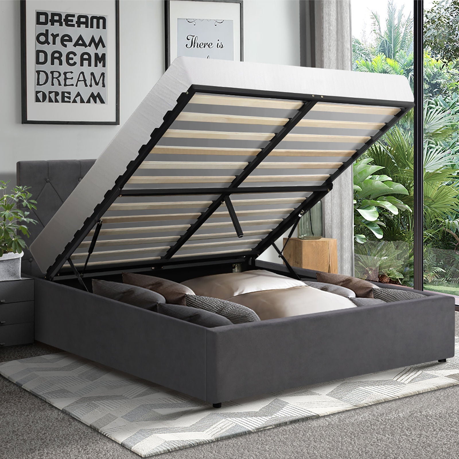 Oikiture Bed Frame Double Size Gas Lift Storage Base Grey Velvet COTI - Sunyee