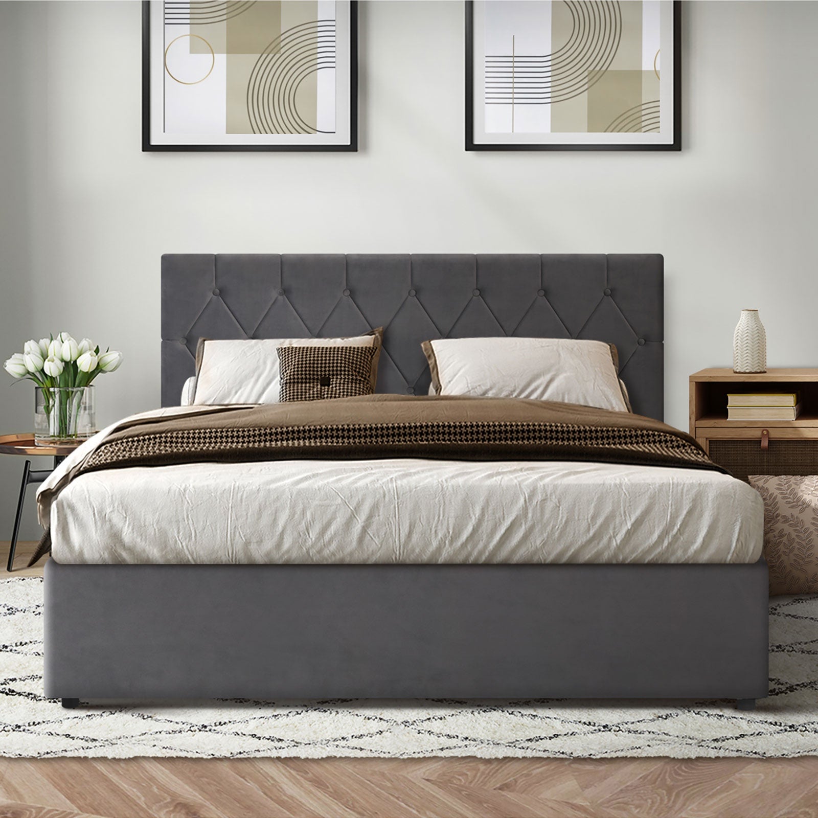 Oikiture Bed Frame Double Size Gas Lift Storage Base Grey Velvet COTI - Sunyee