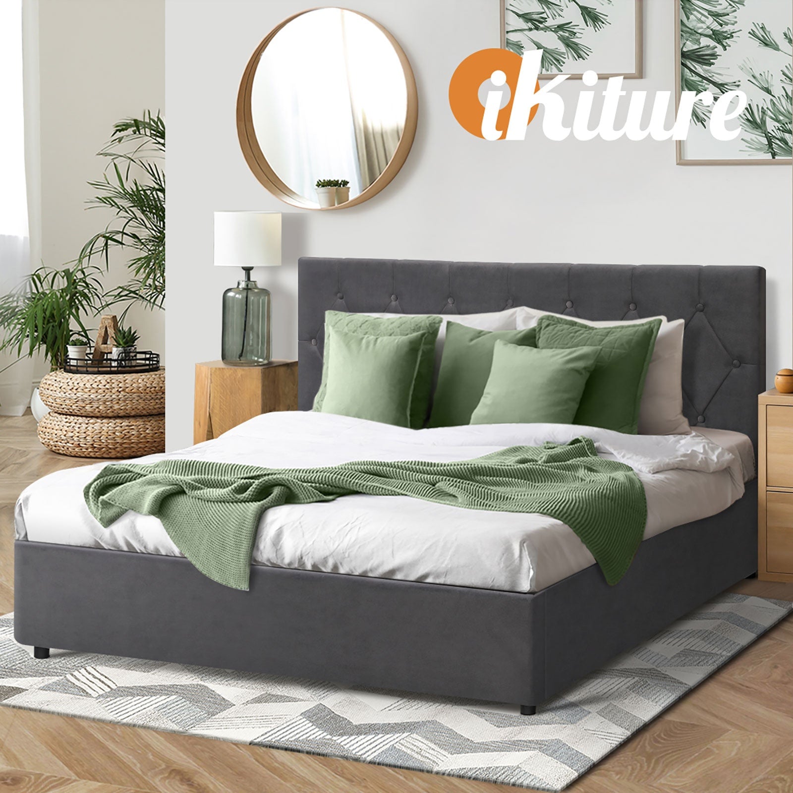 Oikiture Bed Frame Double Size Gas Lift Storage Base Grey Velvet COTI - Sunyee