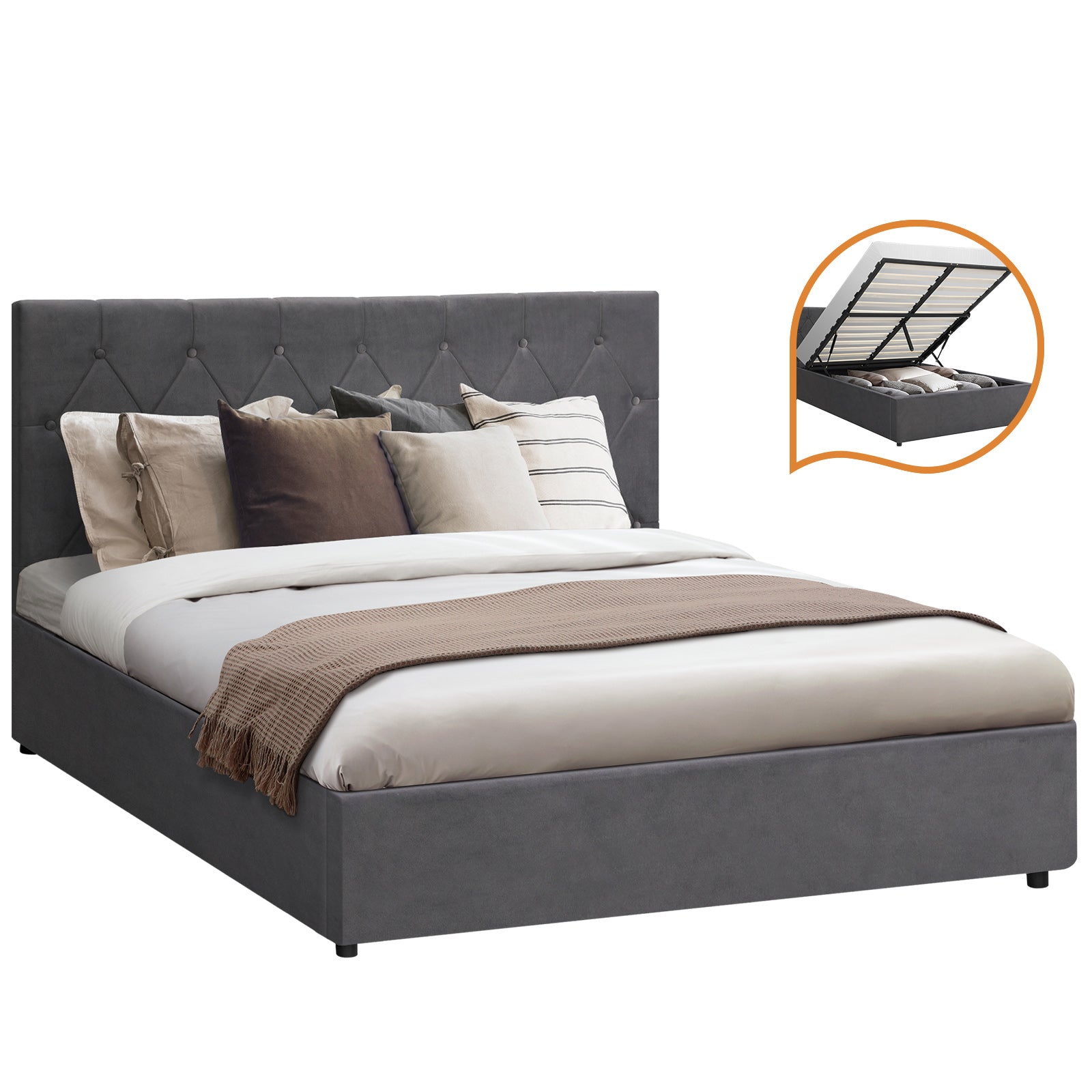 Oikiture Bed Frame Double Size Gas Lift Storage Base Grey Velvet COTI - Sunyee