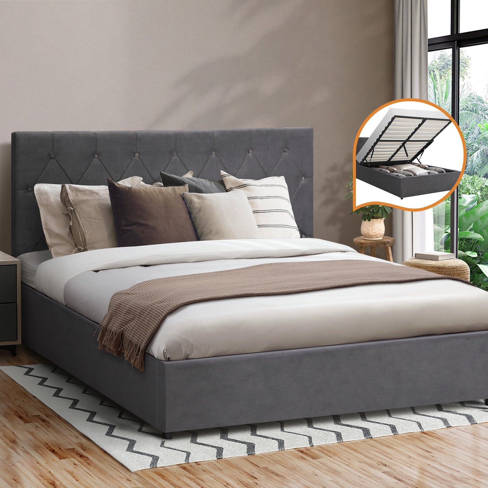 Oikiture Bed Frame Double Size Gas Lift Storage Base Grey Velvet COTI - Sunyee