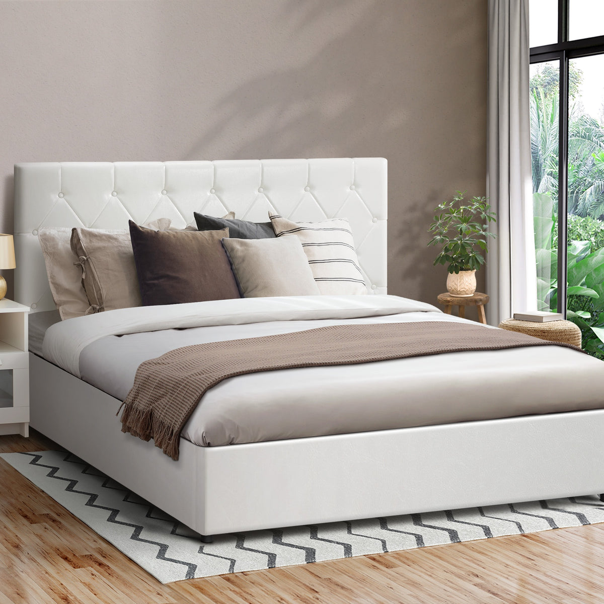 Oikiture Bed Frame Queen Double King Single Gas Lift Storage Base White Leather
