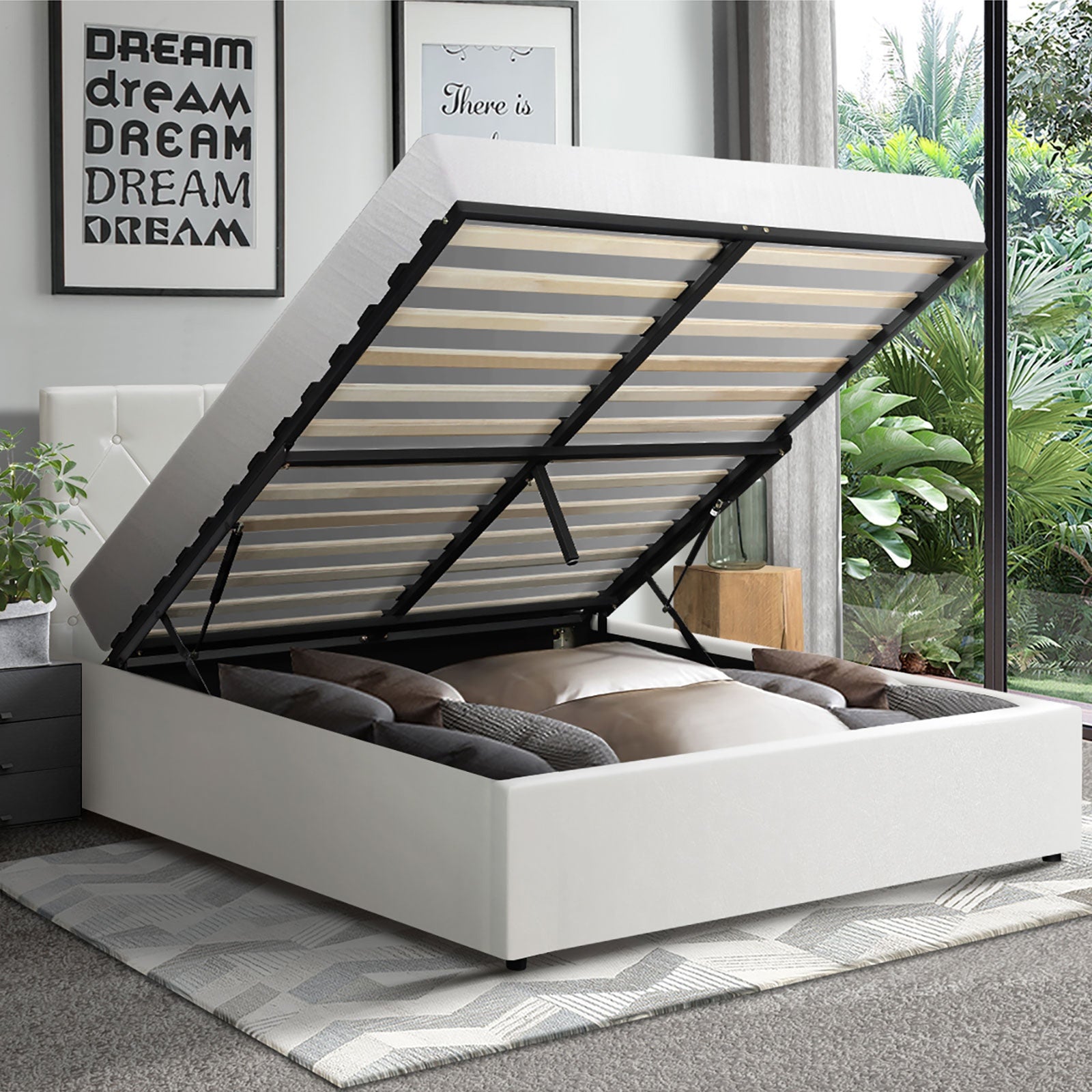Oikiture Bed Frame Double Size Gas Lift Storage Base White Leather COTI - Sunyee
