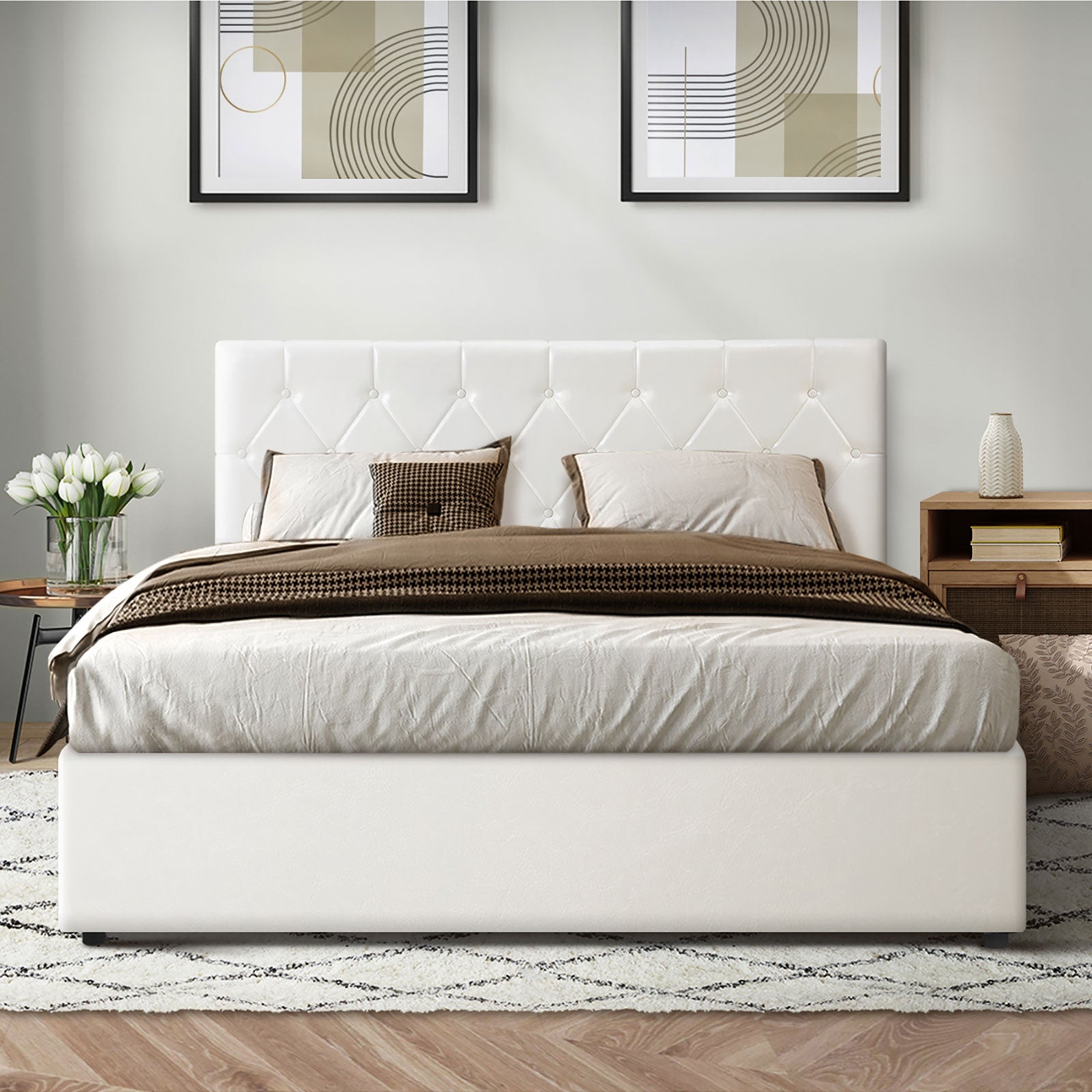 Oikiture Bed Frame Double Size Gas Lift Storage Base White Leather COTI - Sunyee