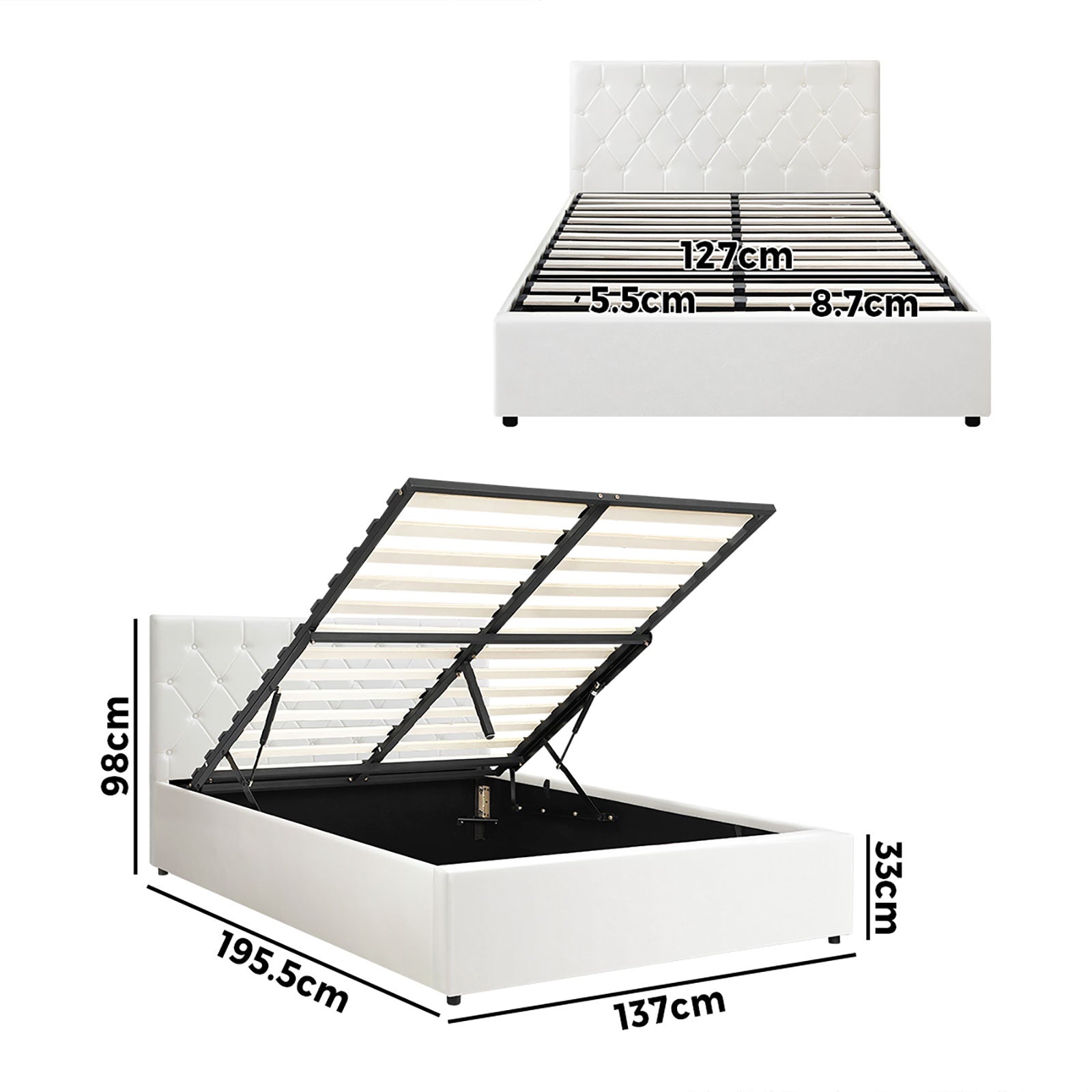 Oikiture Bed Frame Double Size Gas Lift Storage Base White Leather COTI - Sunyee