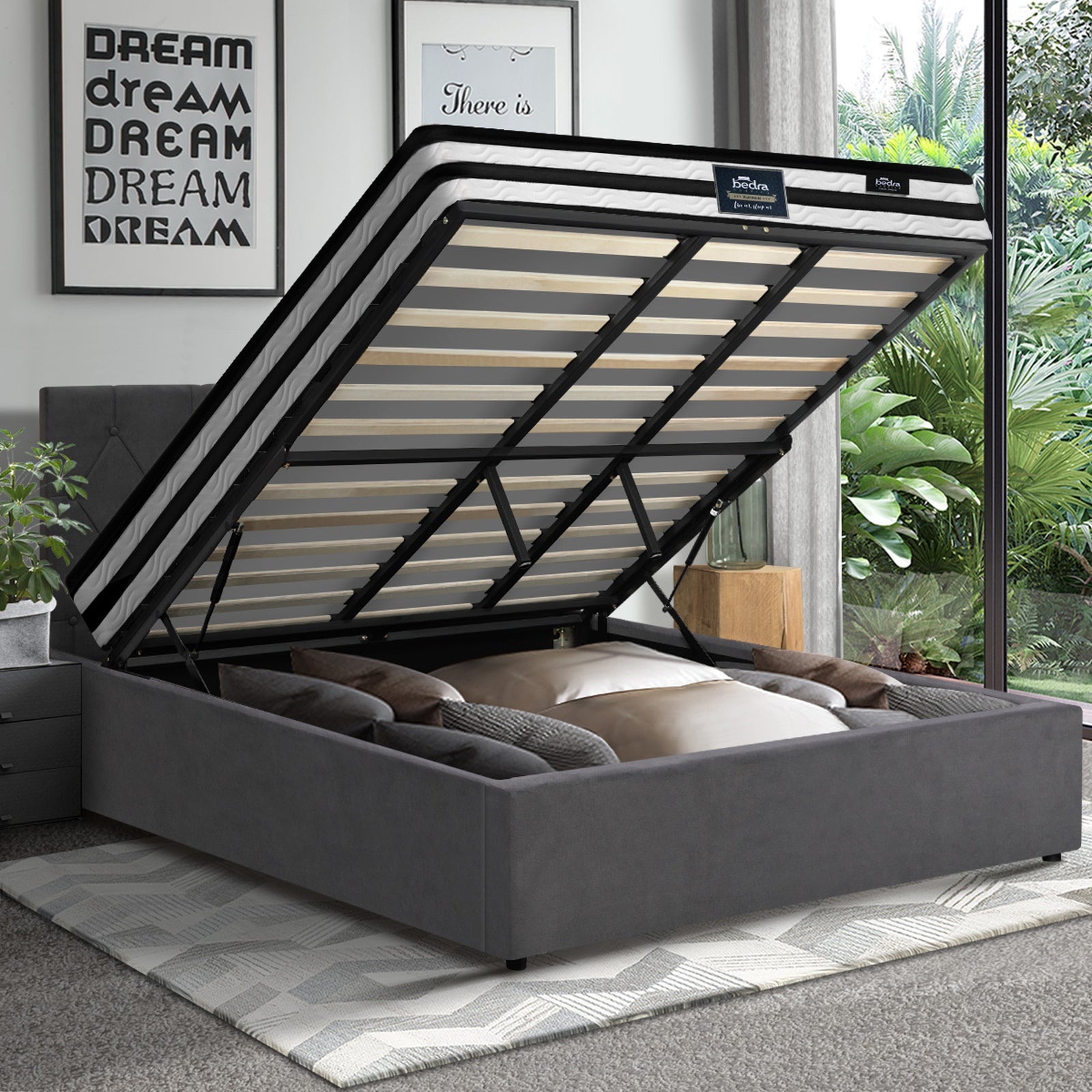 Oikiture Bed Frame King Size Gas Lift Base with Mattress Velvet Grey - Sunyee