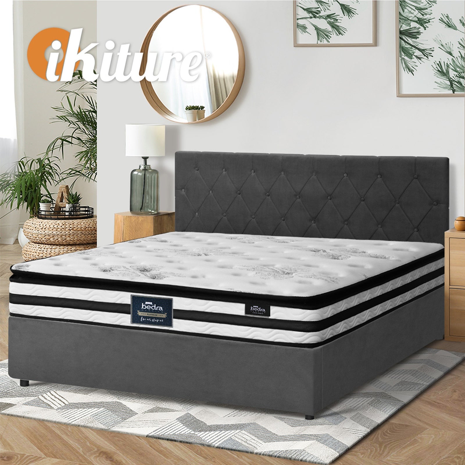 Oikiture Bed Frame King Size Gas Lift Base with Mattress Velvet Grey - Sunyee