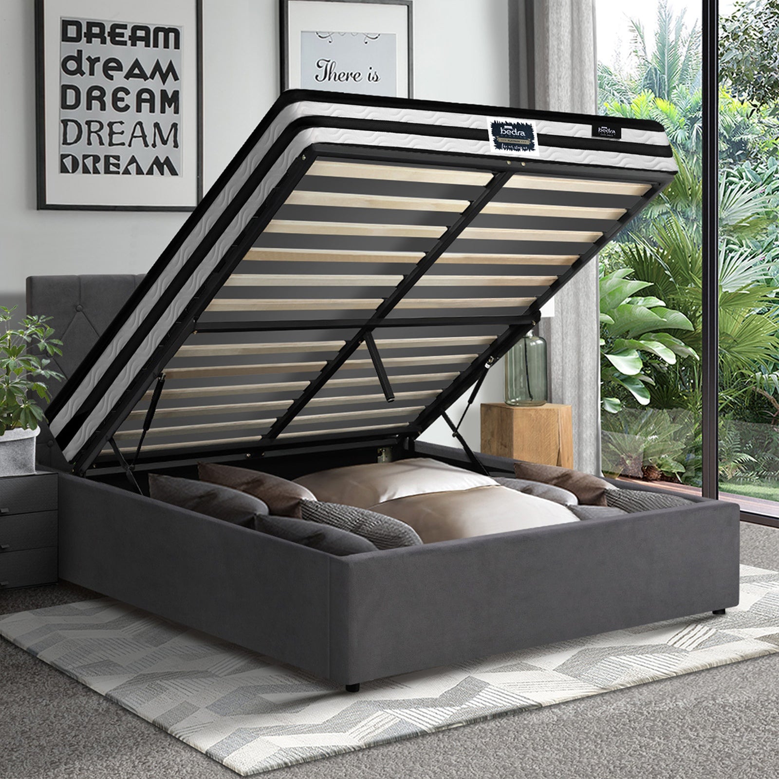 Oikiture Bed Frame King Single Size Gas Lift Base with Mattress Velvet Grey - Sunyee