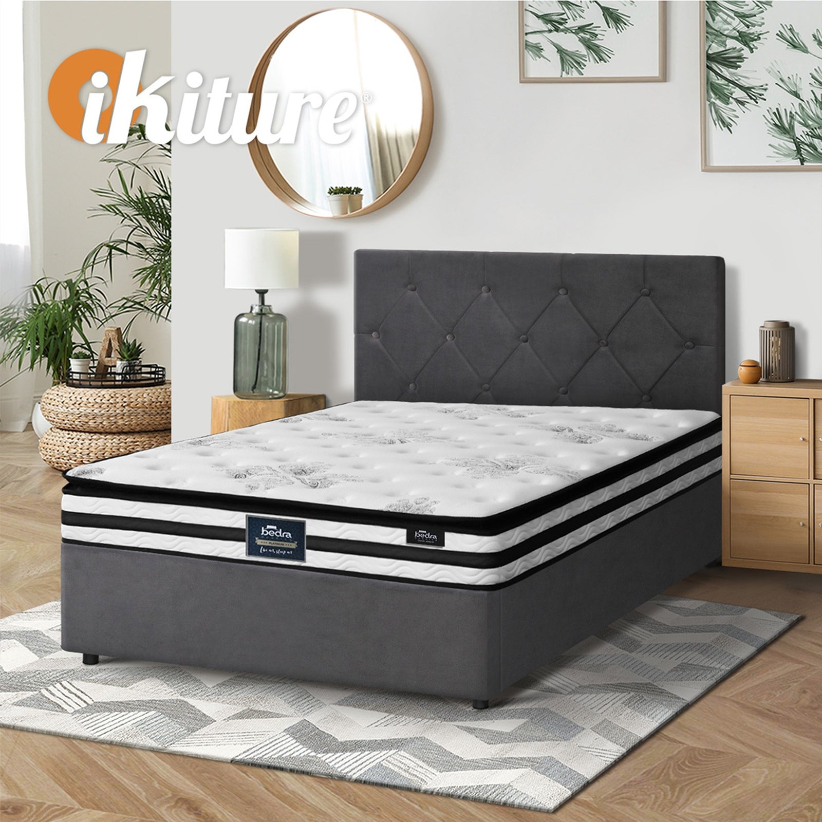 Oikiture Bed Frame King Single Size Gas Lift Base with Mattress Velvet Grey - Sunyee
