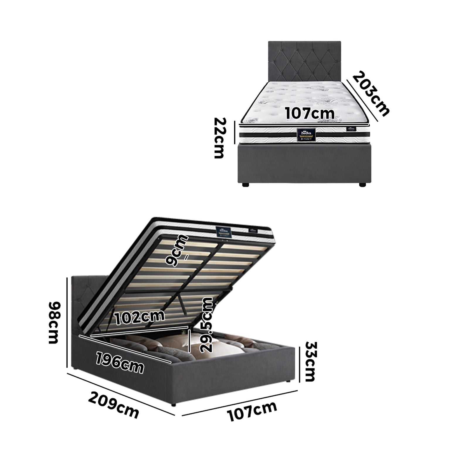 Oikiture Bed Frame King Single Size Gas Lift Base with Mattress Velvet Grey - Sunyee