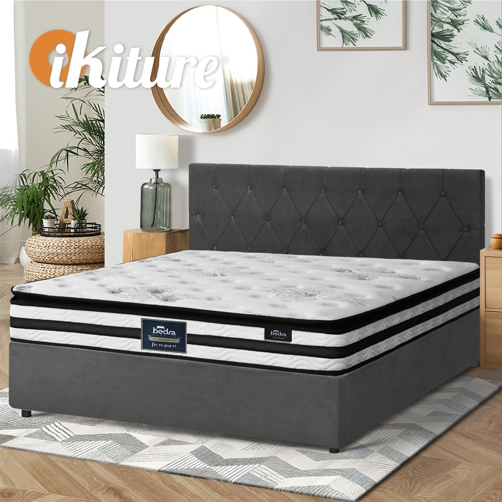 Oikiture Bed Frame Queen Size Gas Lift Base with Mattress Velvet Grey - Sunyee