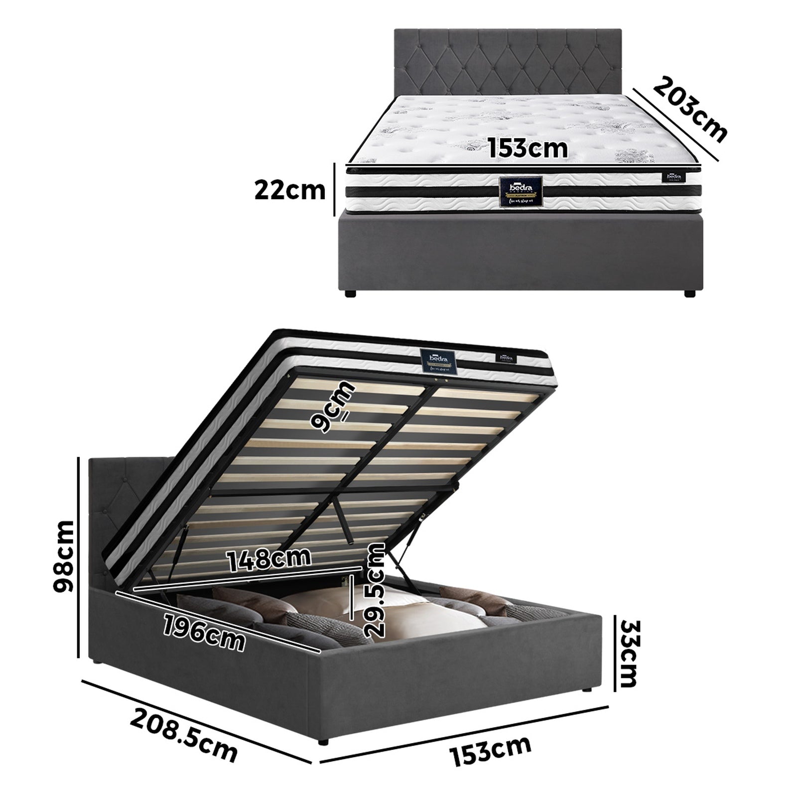 Oikiture Bed Frame Queen Size Gas Lift Base with Mattress Velvet Grey - Sunyee