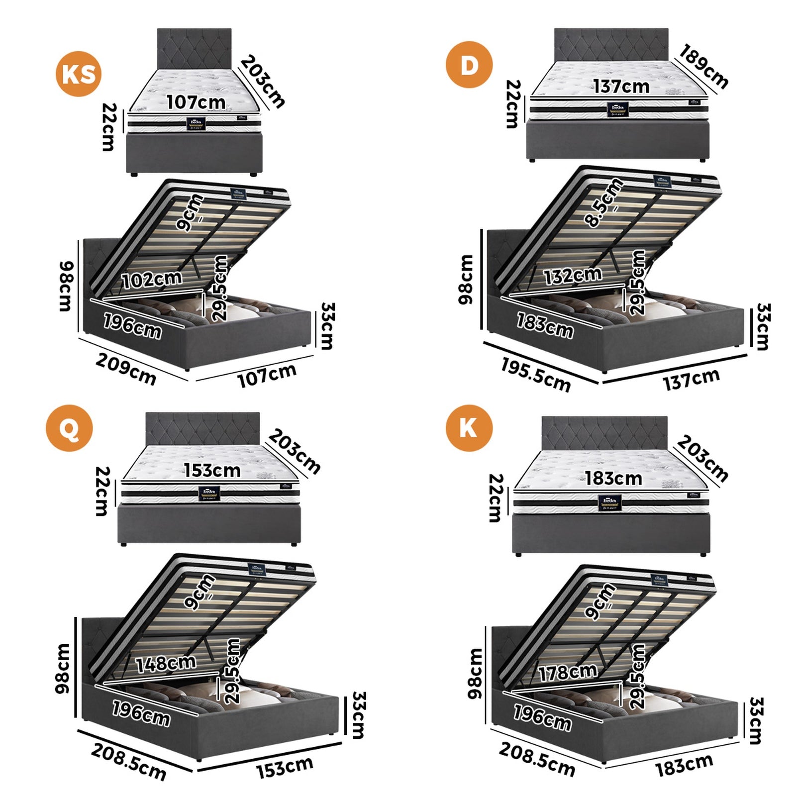 Oikiture Bed Frame Queen Double King Single Size Gas Lift Storage with Mattress - Sunyee