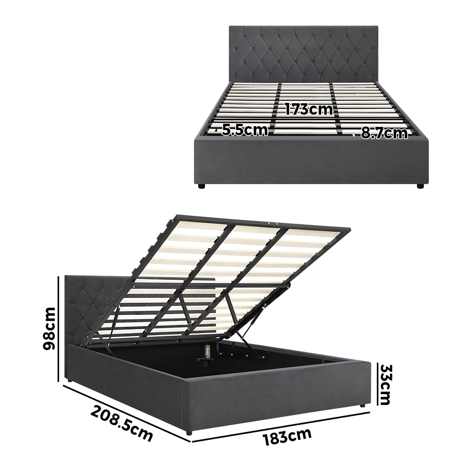 Oikiture Bed Frame King Size Gas Lift Storage Base Grey Velvet COTI - Sunyee