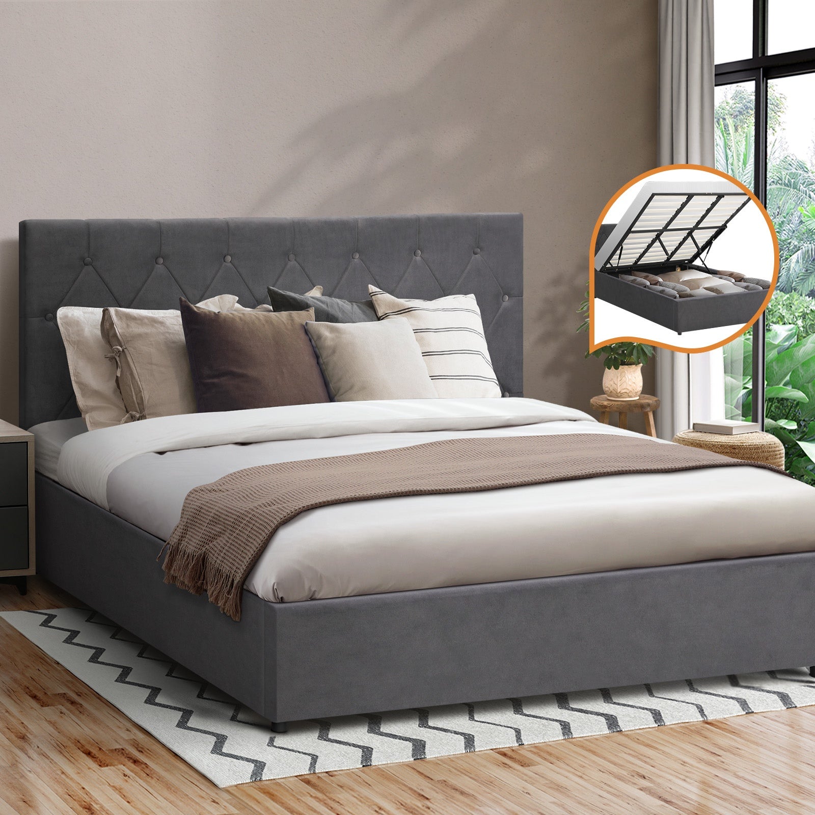 Oikiture Bed Frame King Size Gas Lift Storage Base Grey Velvet COTI - Sunyee