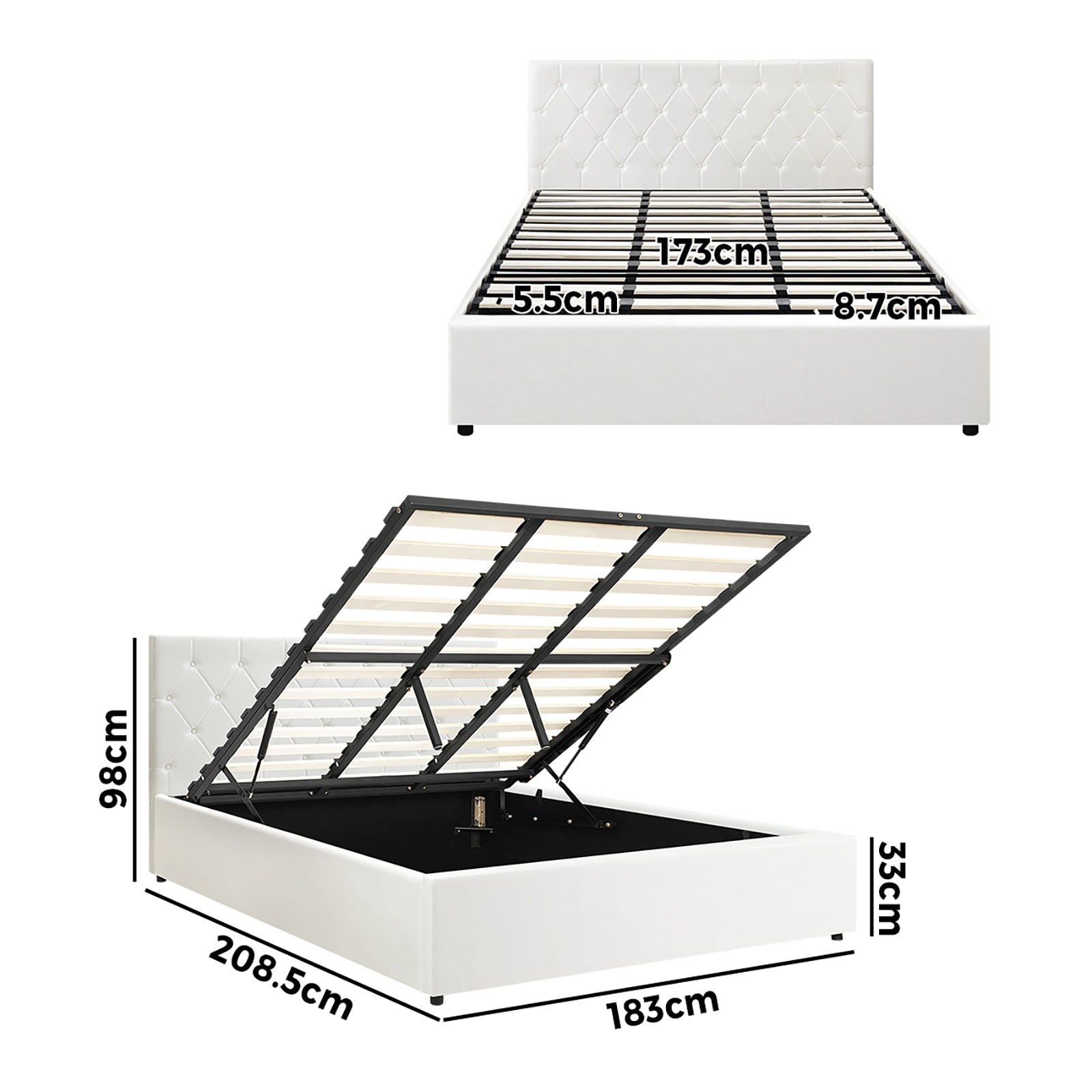 Oikiture Bed Frame King Size Gas Lift Storage Base White Leather COTI - Sunyee
