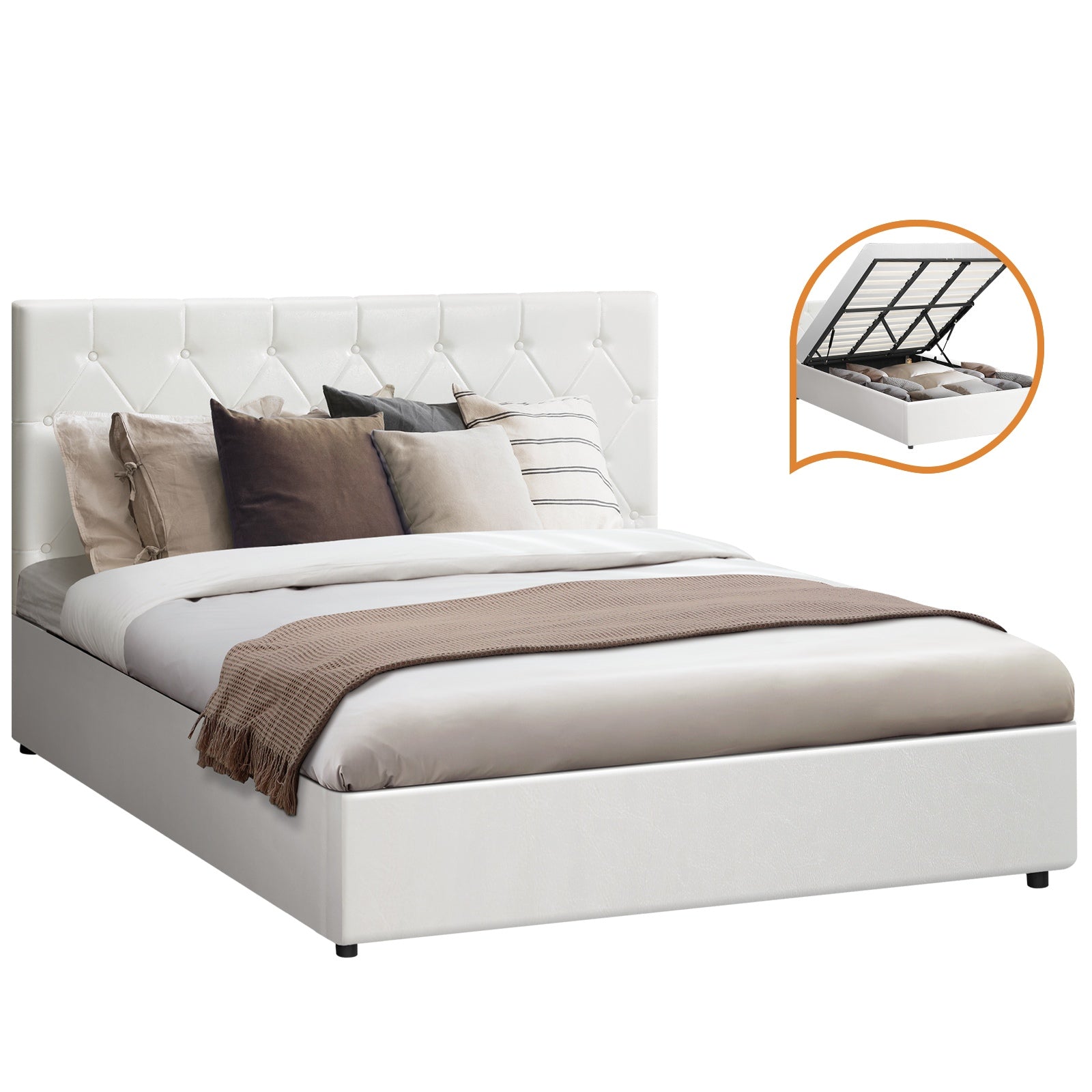 Oikiture Bed Frame Queen Double King Single Gas Lift Storage Base White Leather - Sunyee