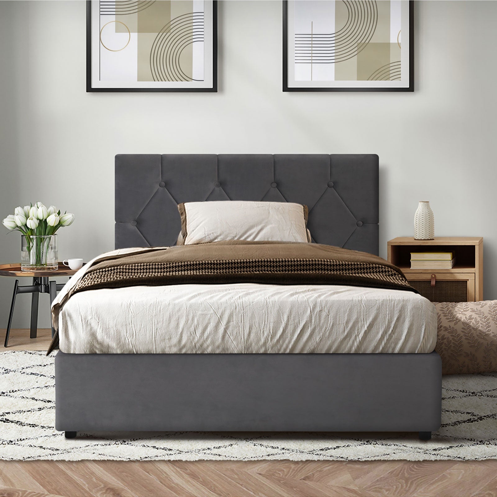 Oikiture Bed Frame King Single Gas Lift Storage Base Grey Velvet COTI - Sunyee