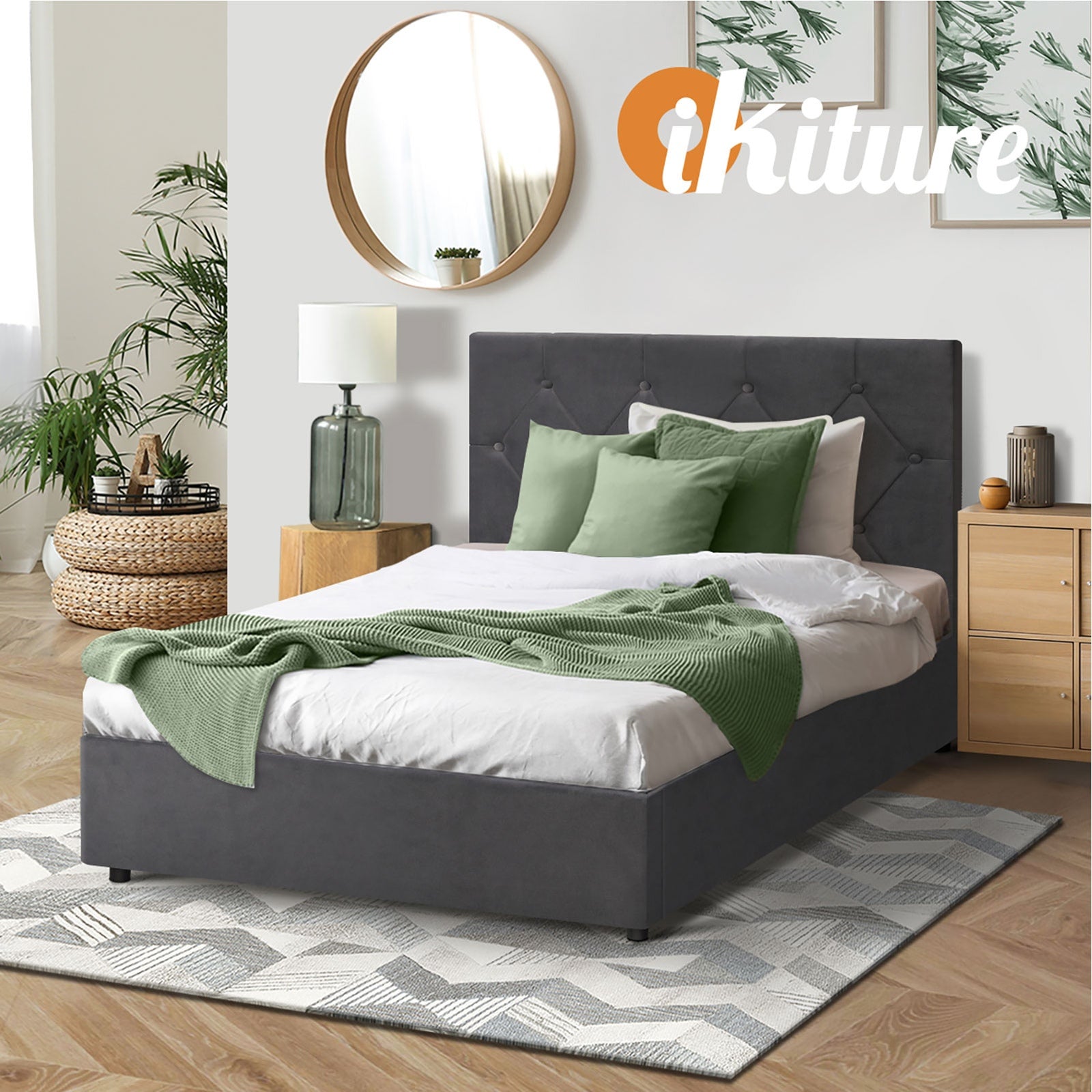 Oikiture Bed Frame King Single Gas Lift Storage Base Grey Velvet COTI - Sunyee