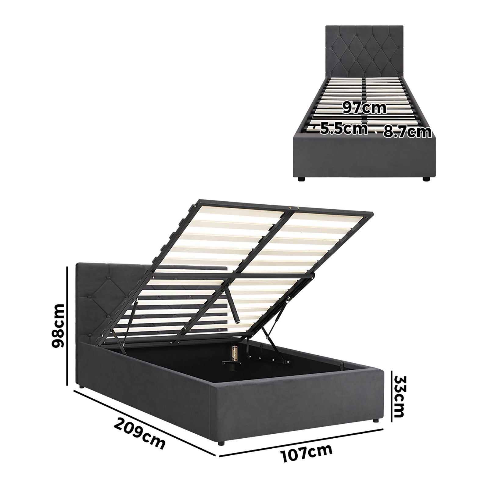 Oikiture Bed Frame King Single Gas Lift Storage Base Grey Velvet COTI - Sunyee