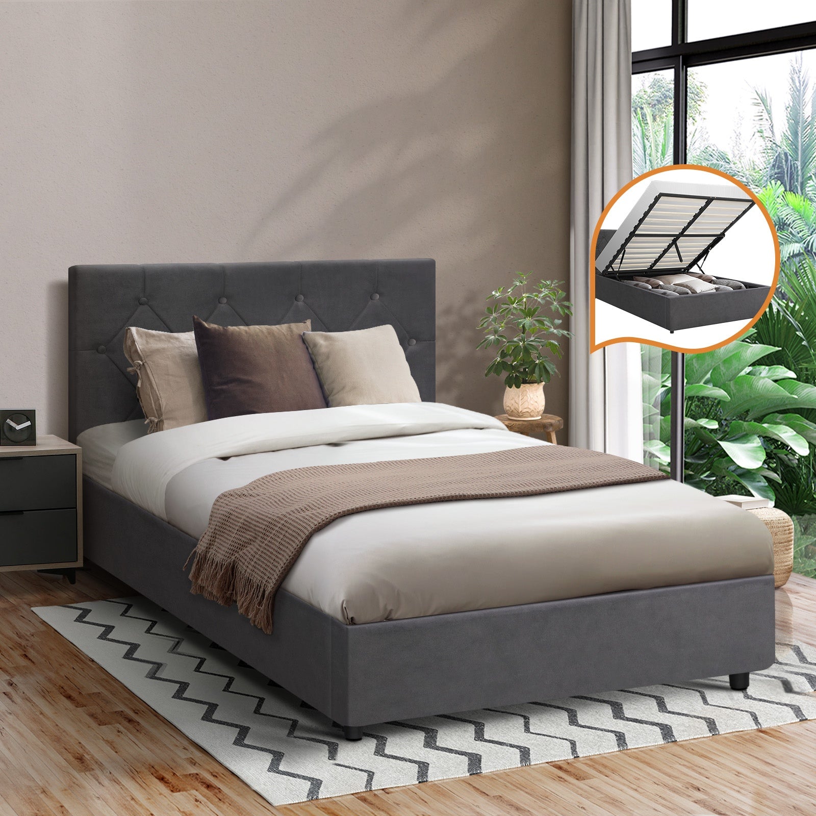 Oikiture Bed Frame King Single Gas Lift Storage Base Grey Velvet COTI - Sunyee