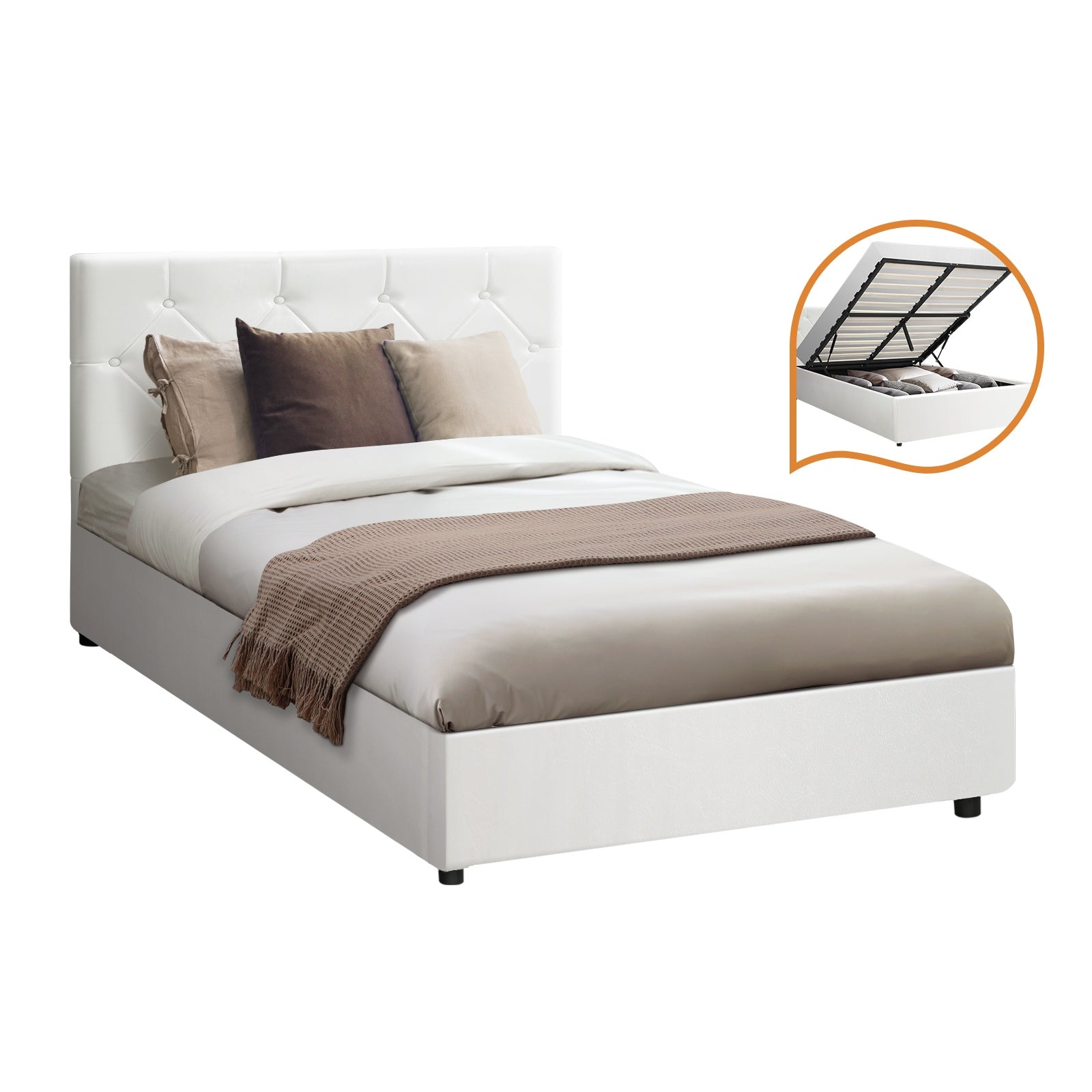 Oikiture Bed Frame Queen Double King Single Gas Lift Storage Base White Leather - Sunyee