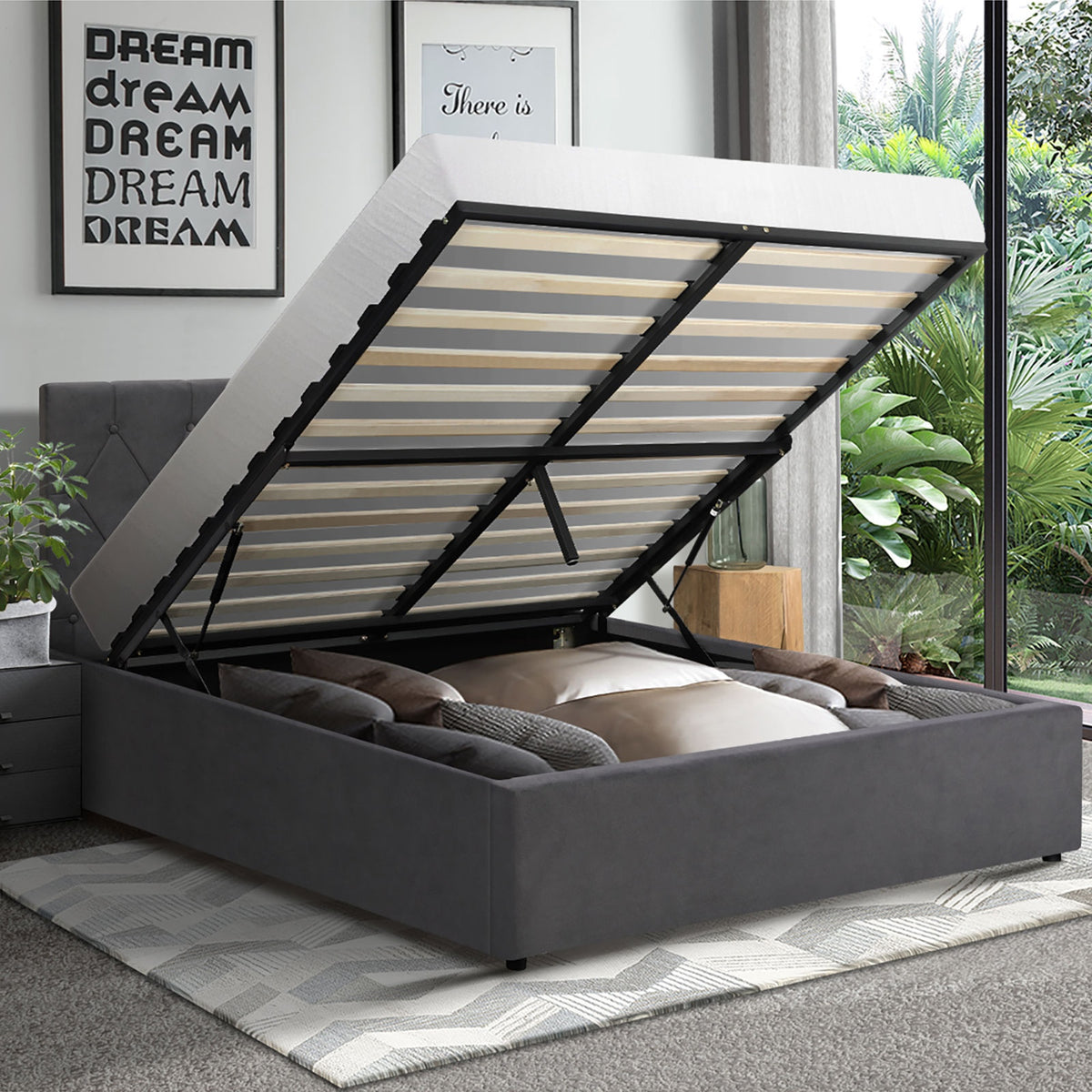 Oikiture Bed Frame Queen Size Gas Lift Storage Base Grey Velvet COTI - Sunyee
