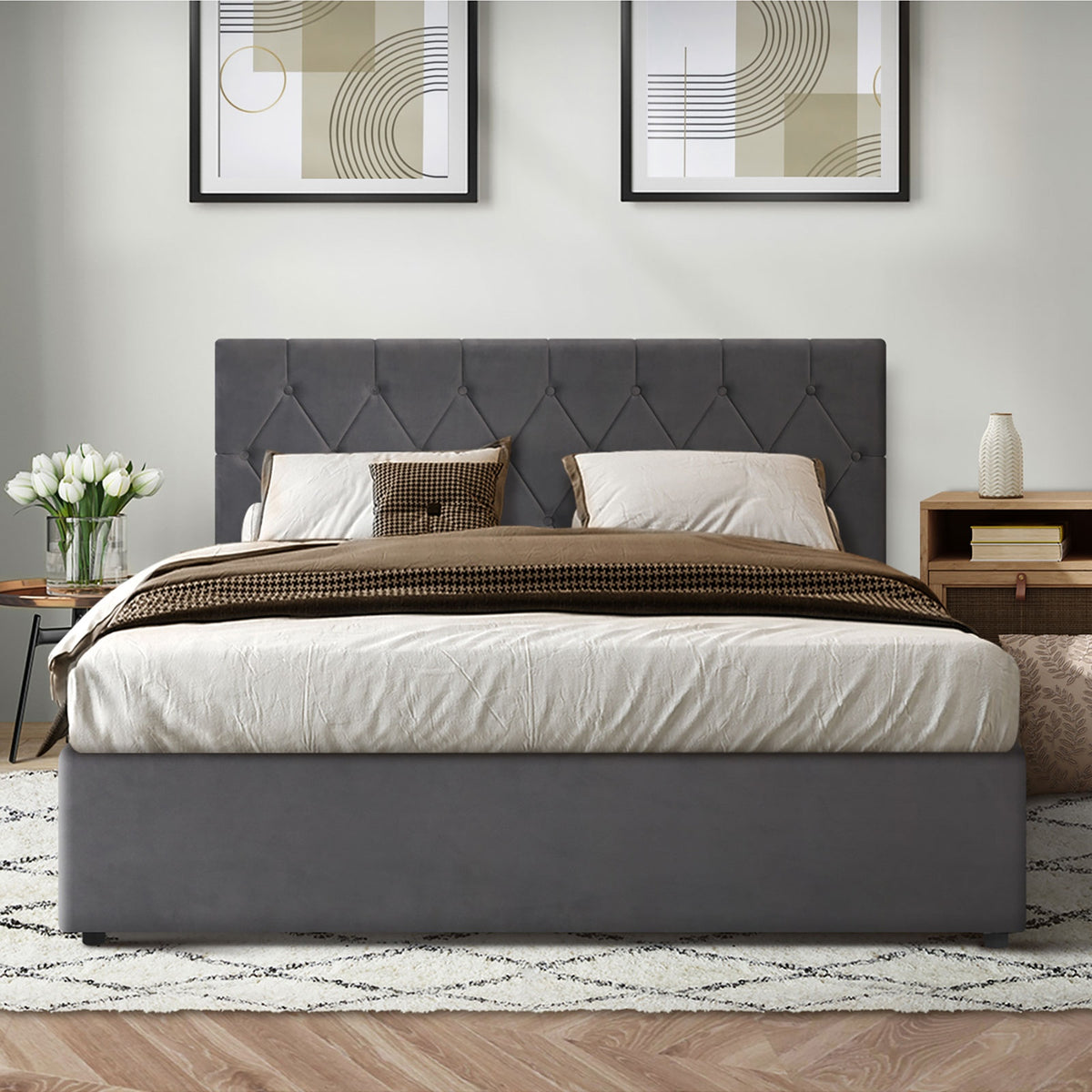 Oikiture Bed Frame Queen Size Gas Lift Storage Base Grey Velvet COTI - Sunyee