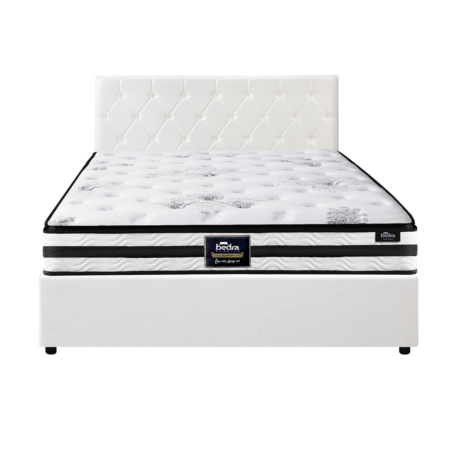 Oikiture Bed Frame Double Size Gas Lift Base with Mattress White Leather - Sunyee