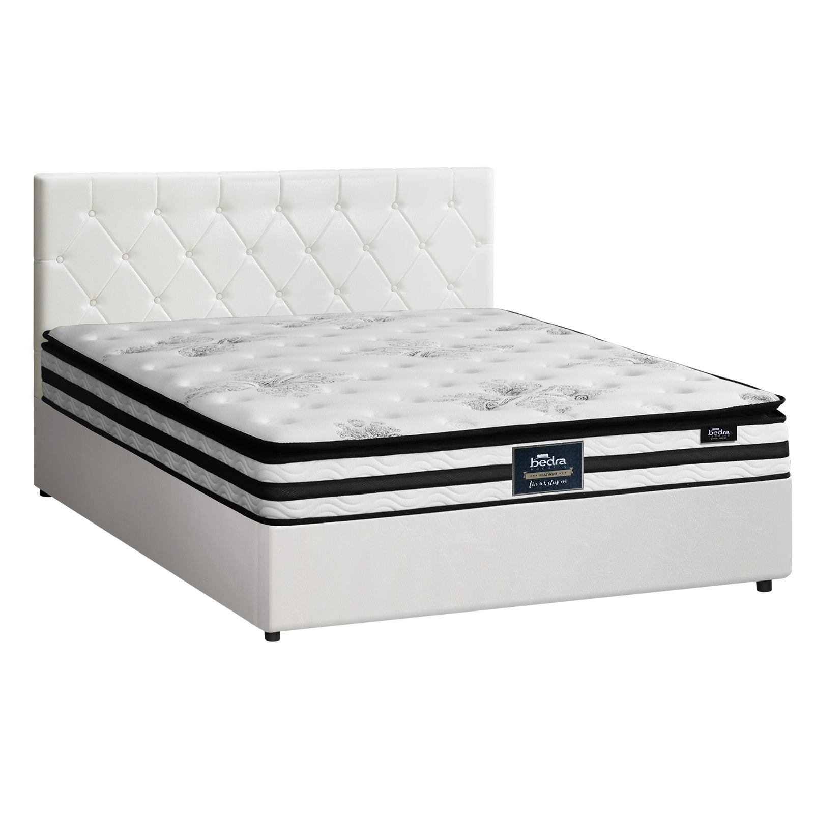 Oikiture Bed Frame Double Size Gas Lift Base with Mattress White Leather - Sunyee