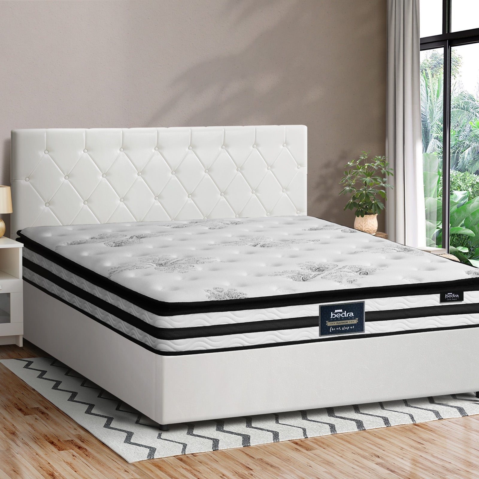 Oikiture Bed Frame King Size Gas Lift Base with Mattress White Leather - Sunyee