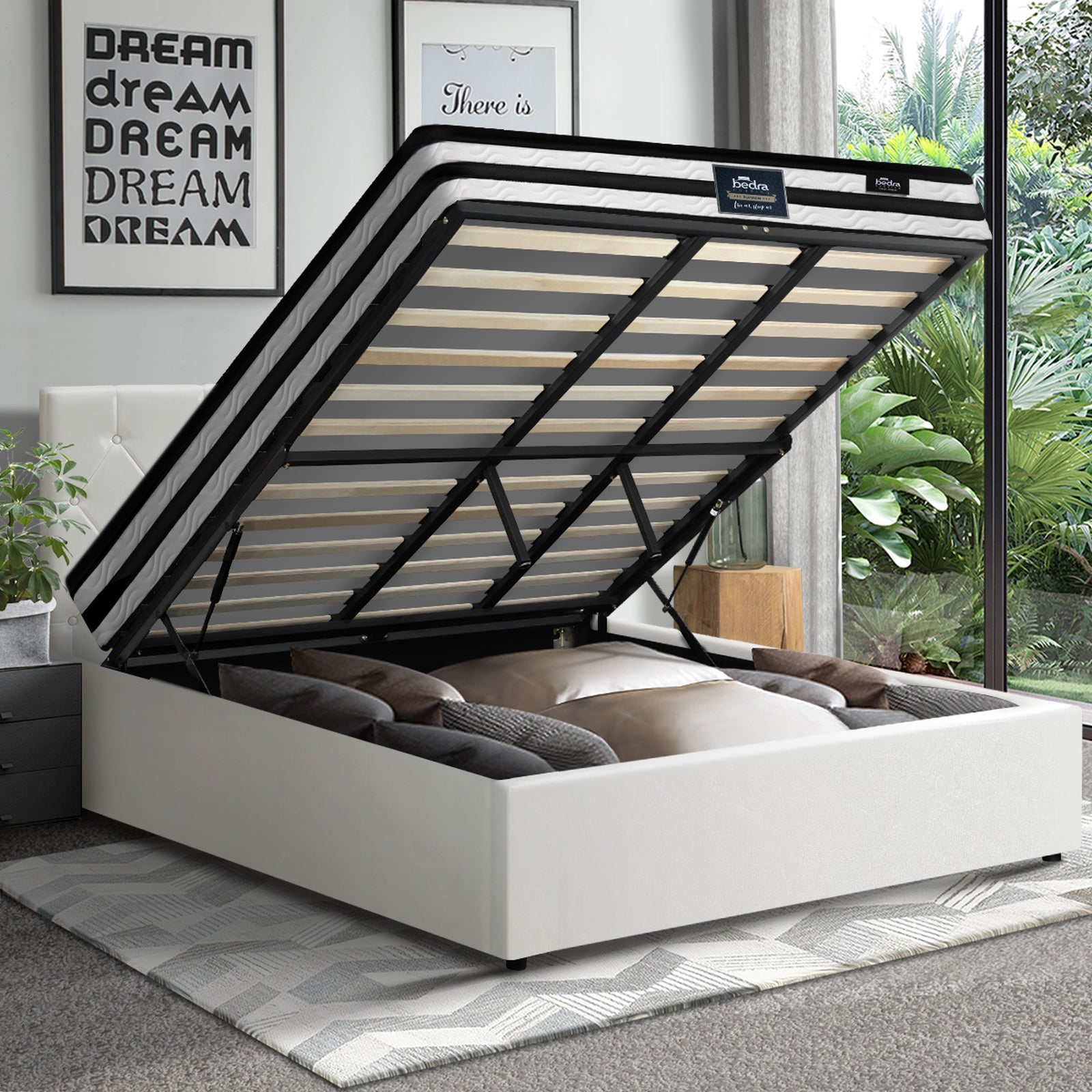 Oikiture Bed Frame King Size Gas Lift Base with Mattress White Leather - Sunyee