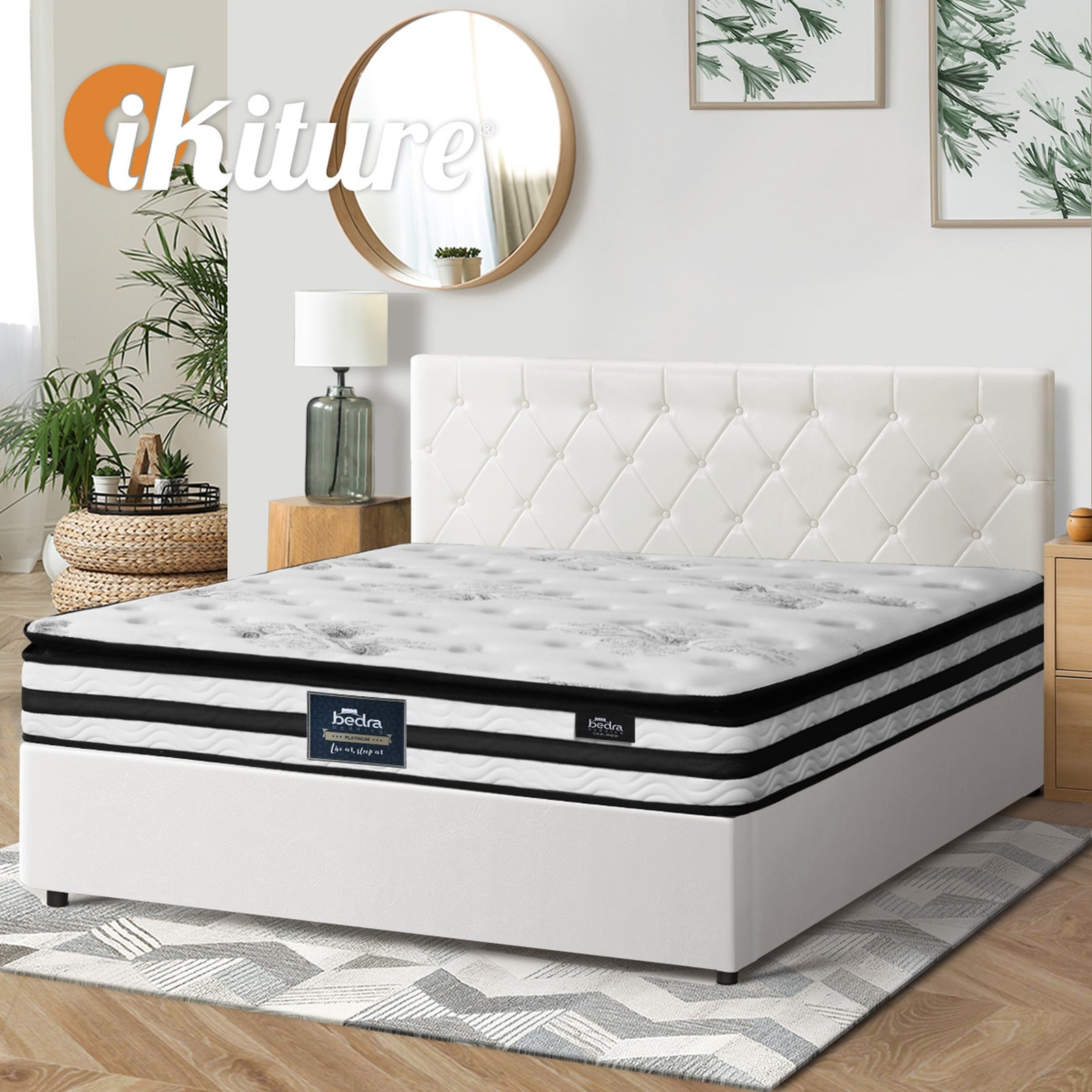 Oikiture Bed Frame King Size Gas Lift Base with Mattress White Leather - Sunyee