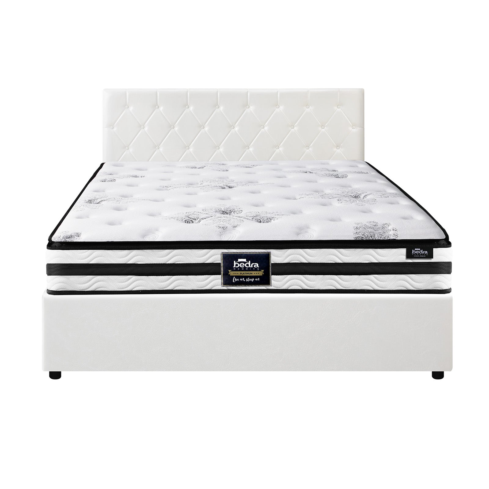 Oikiture Bed Frame King Size Gas Lift Base with Mattress White Leather - Sunyee