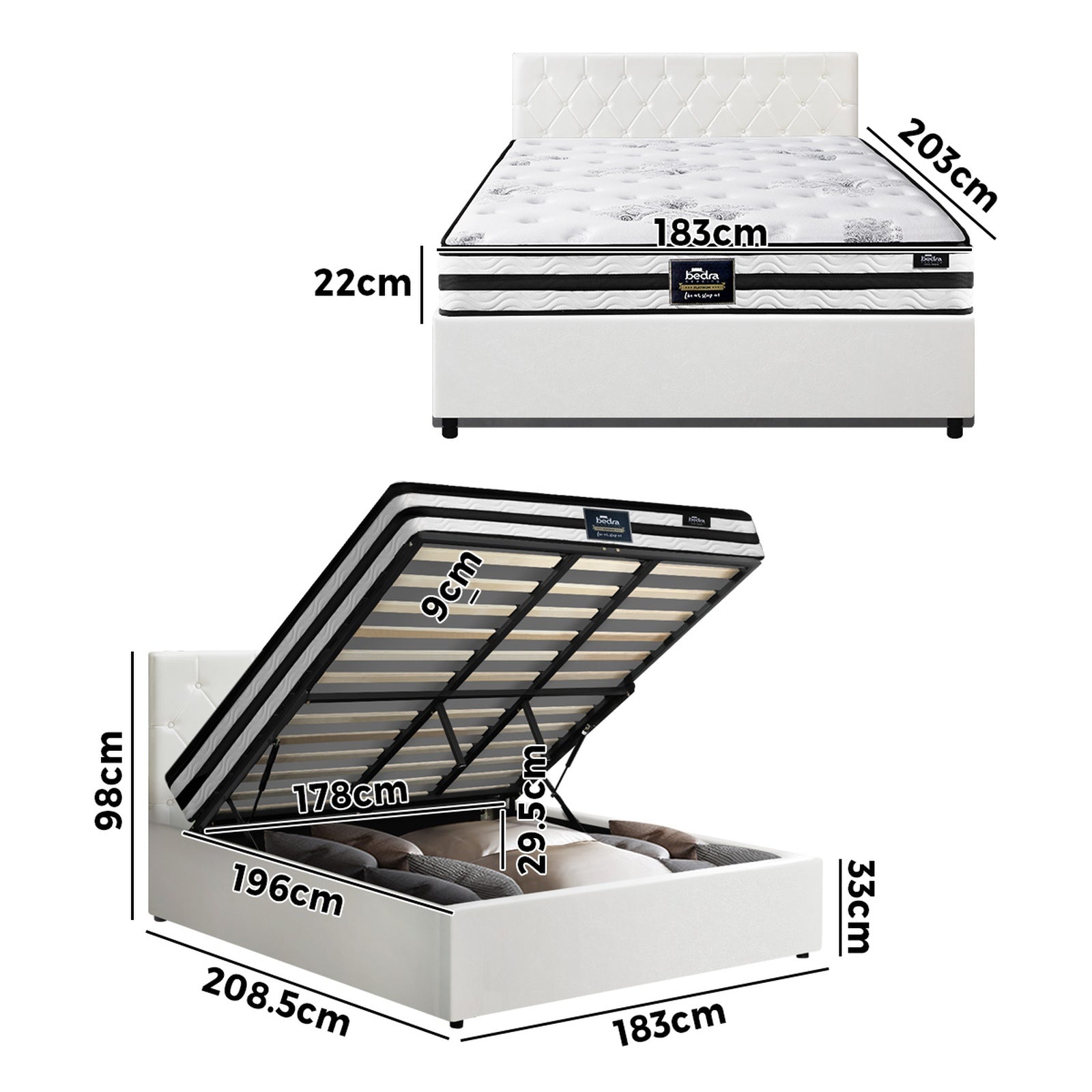 Oikiture Bed Frame King Size Gas Lift Base with Mattress White Leather - Sunyee